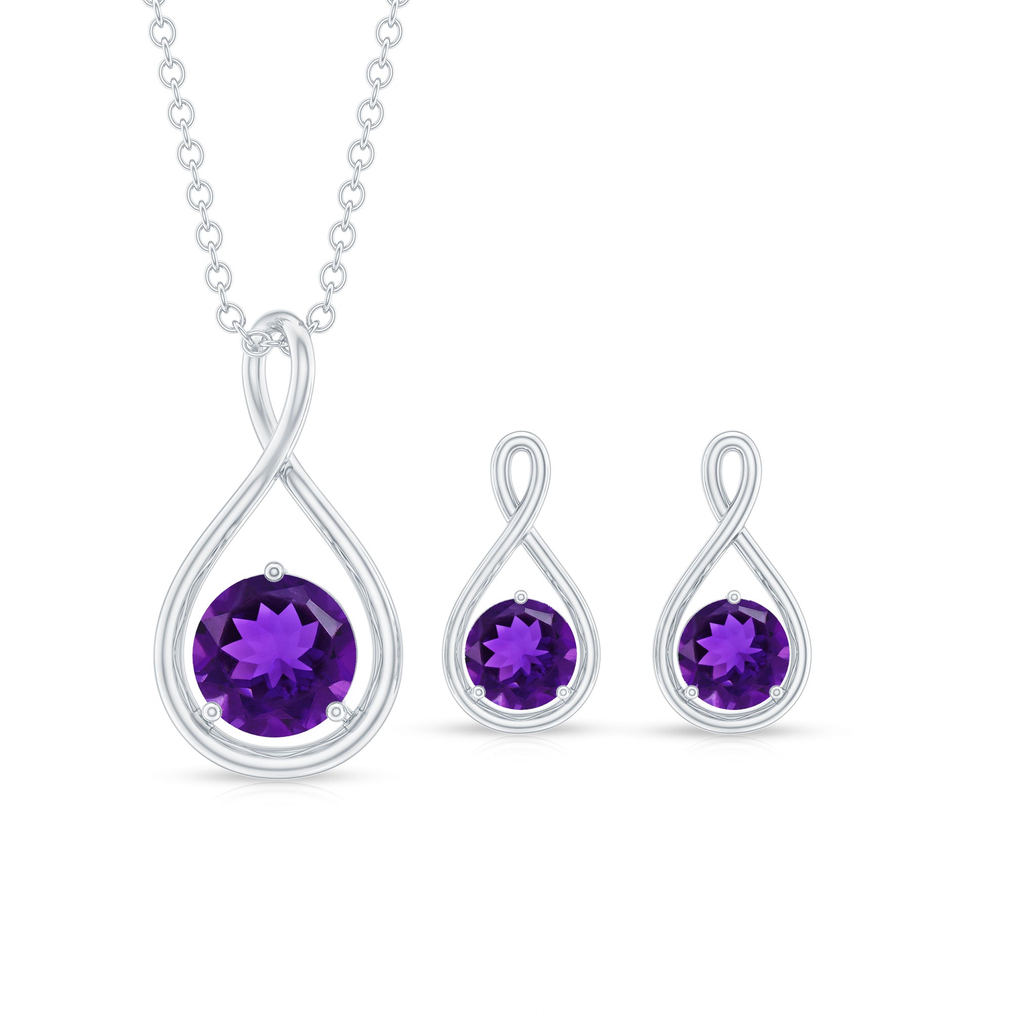 Real 3 Carat Amethyst Infinity Necklace and Earrings Set for Women