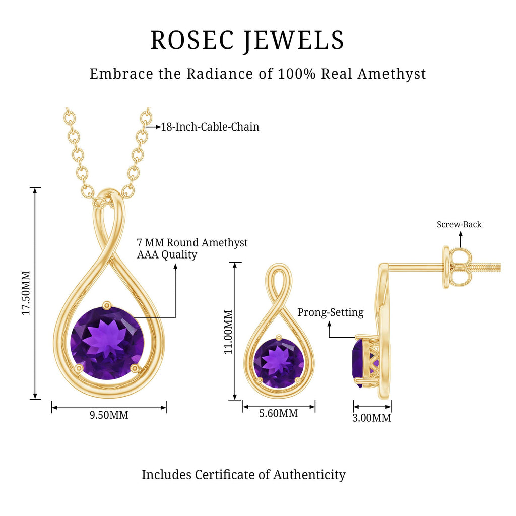 Real 3 Carat Amethyst Infinity Necklace and Earrings Set for Women