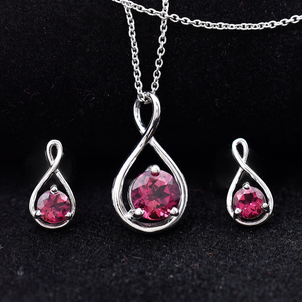 Genuine 2 Carat Pink Tourmaline Infinity Necklace and Earrings Set