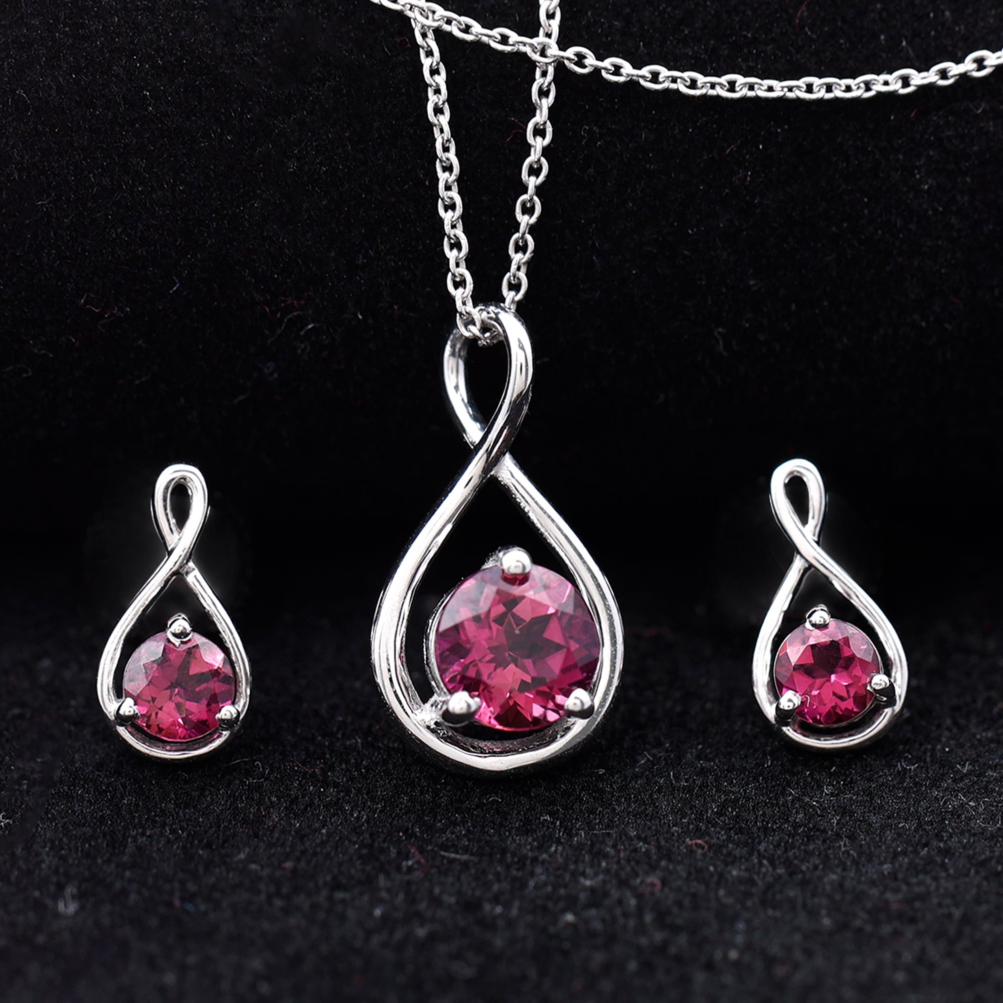 Genuine 2 Carat Pink Tourmaline Infinity Necklace and Earrings Set