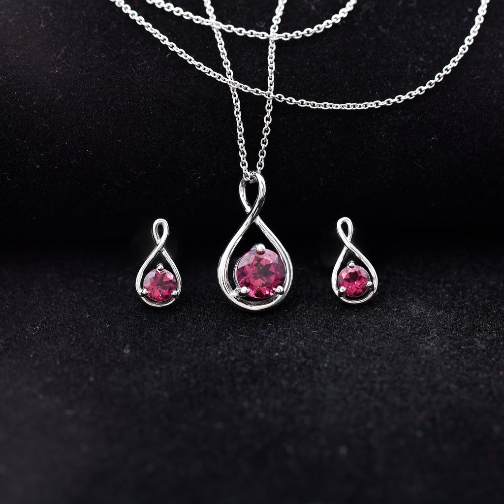 Genuine 2 Carat Pink Tourmaline Infinity Necklace and Earrings Set