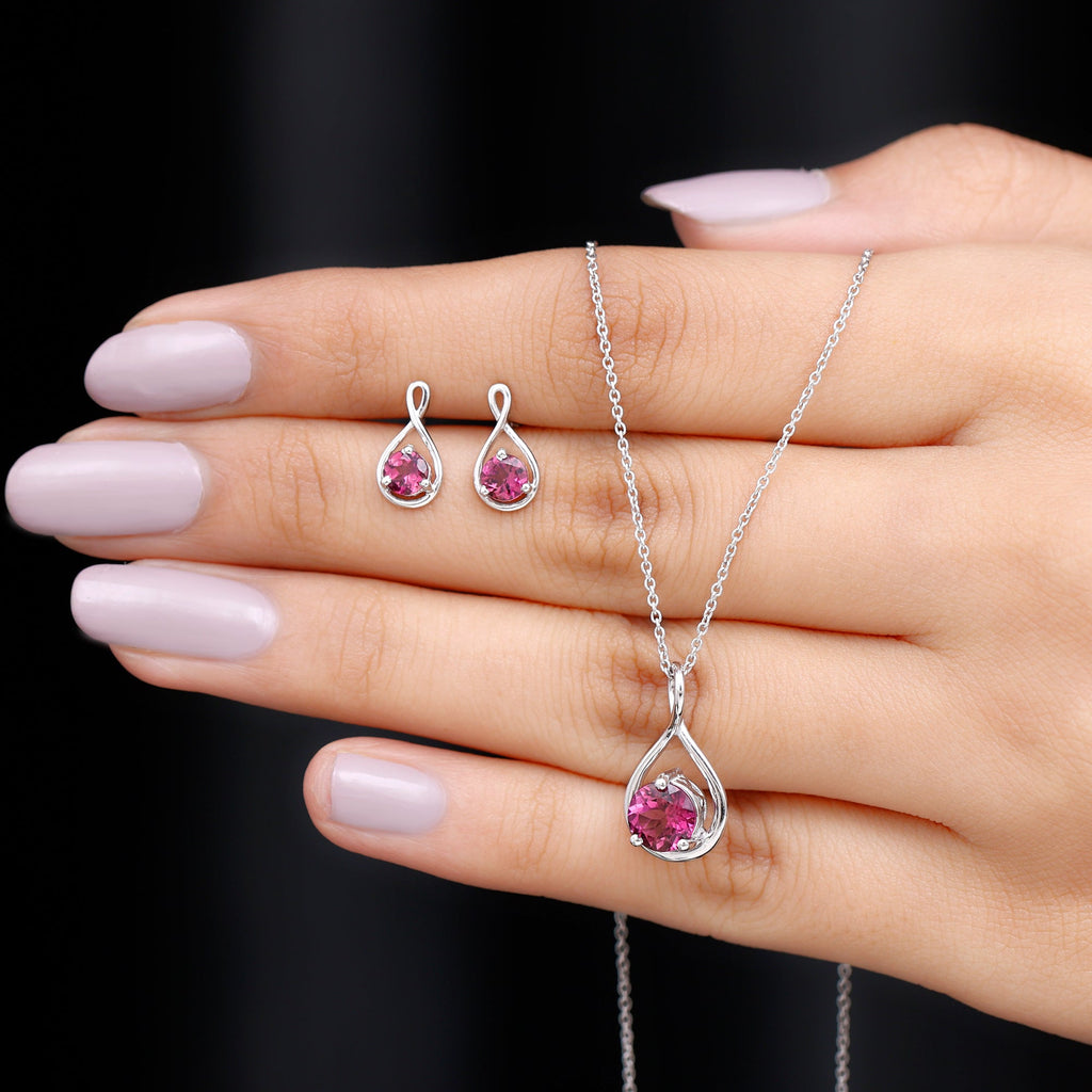 Genuine 2 Carat Pink Tourmaline Infinity Necklace and Earrings Set