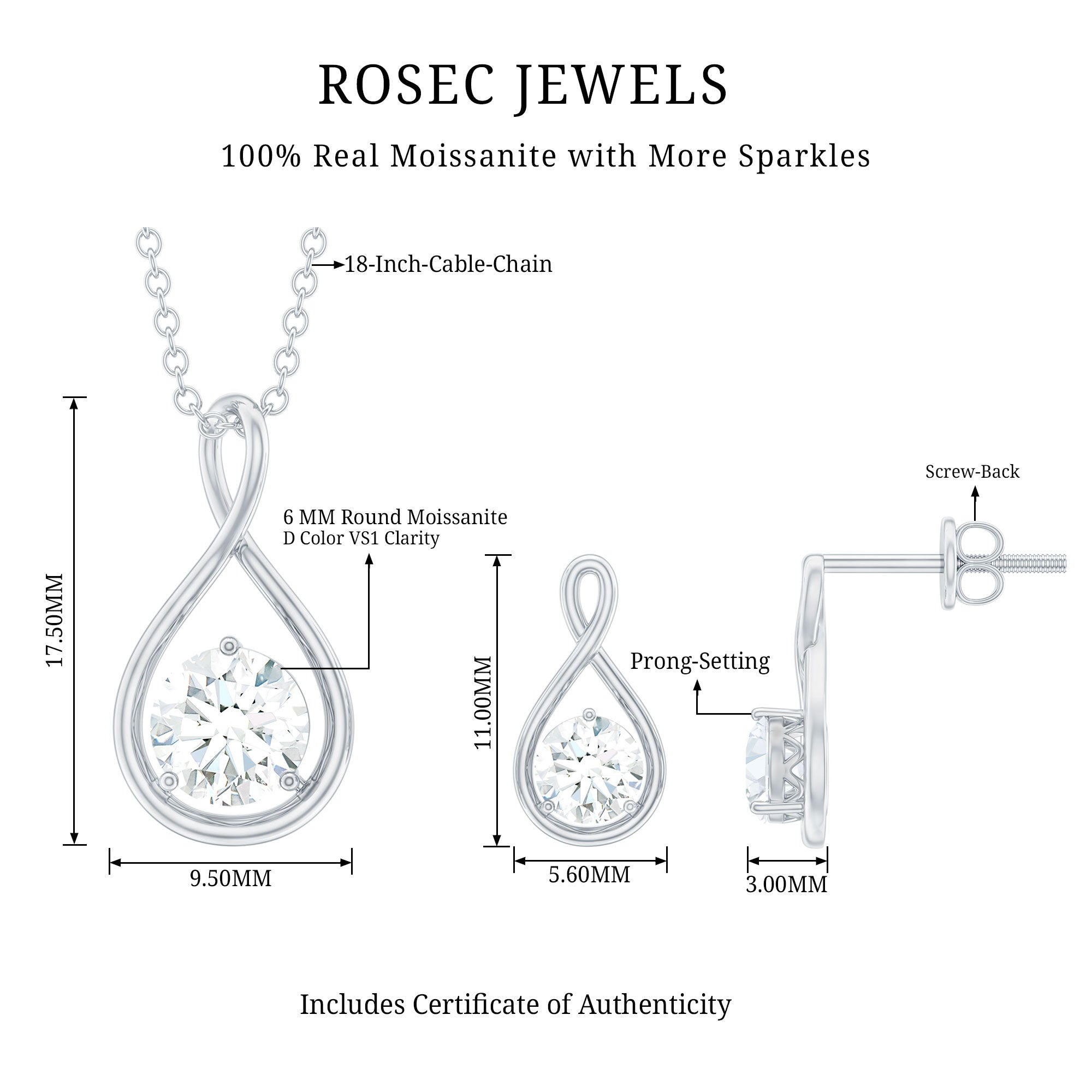 Moissanite Solitaire and Gold Infinity Jewelry Set