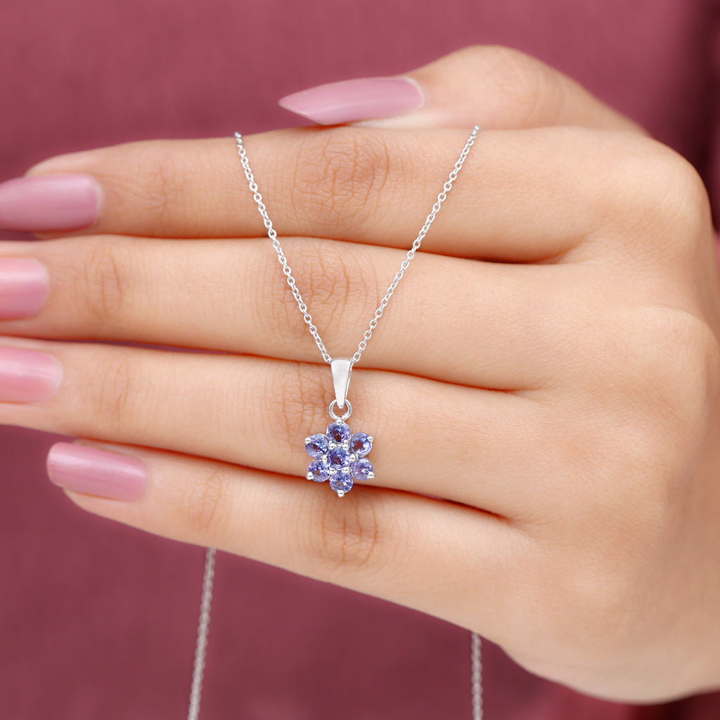 Natural Tanzanite Flower Cluster Pendant Necklace