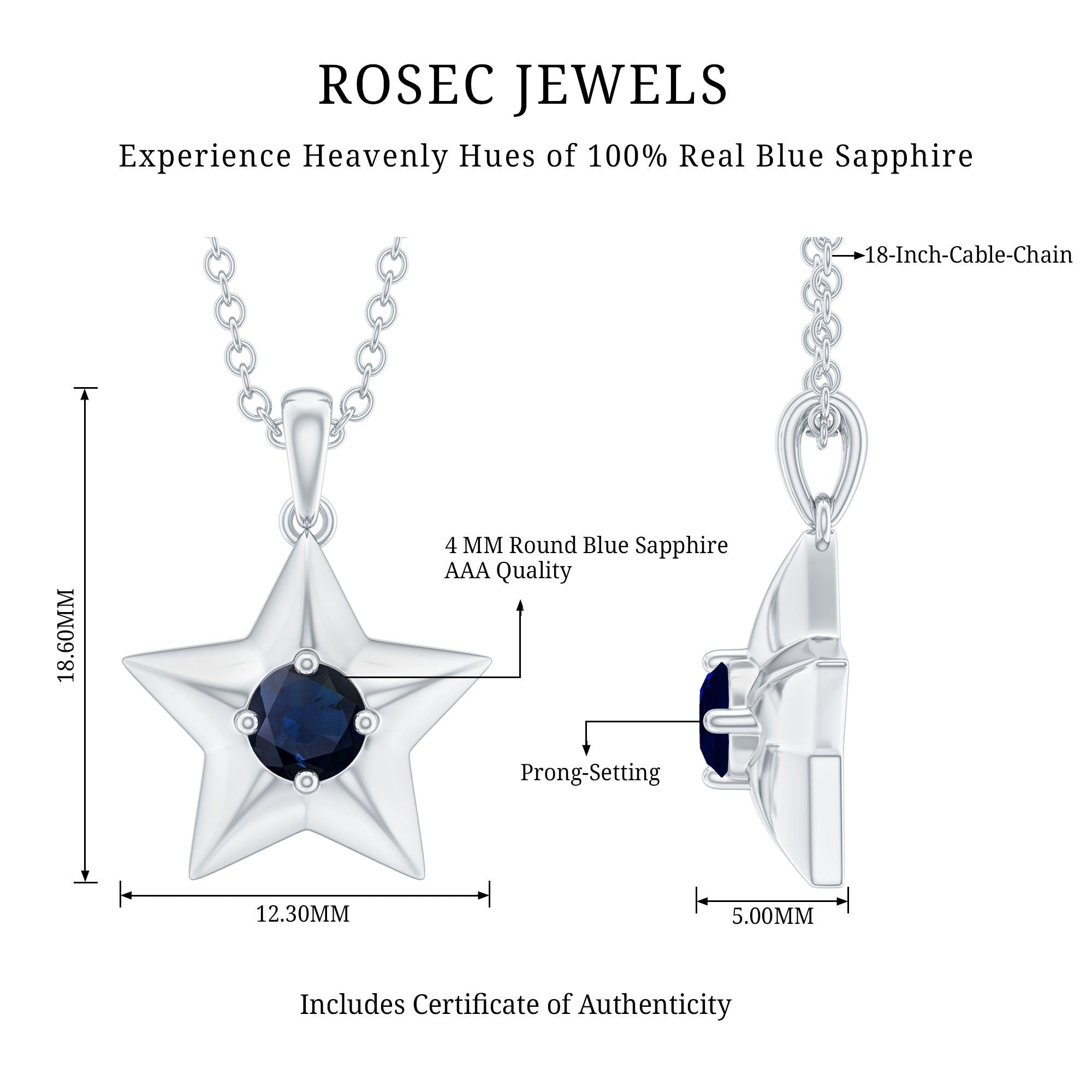Natural Blue Sapphire Star Pendant Necklace for Women
