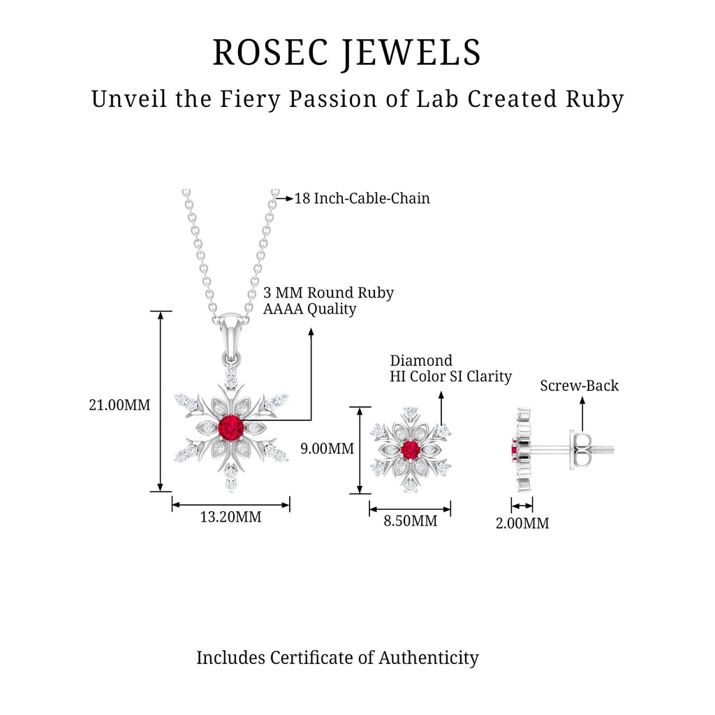 Lab Grown Ruby and Diamond Snowflake Necklace With Earrings