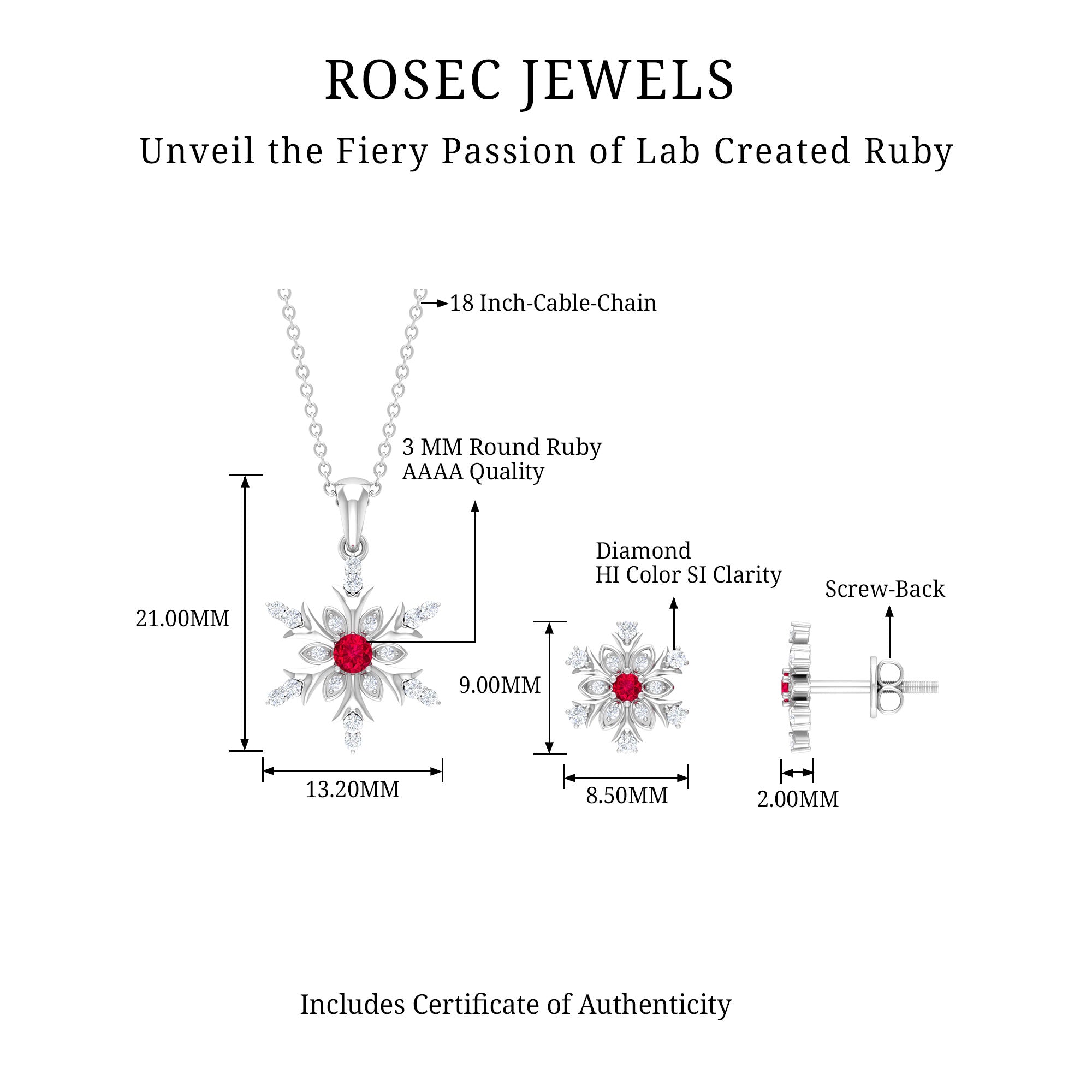 Lab Grown Ruby and Diamond Snowflake Necklace With Earrings