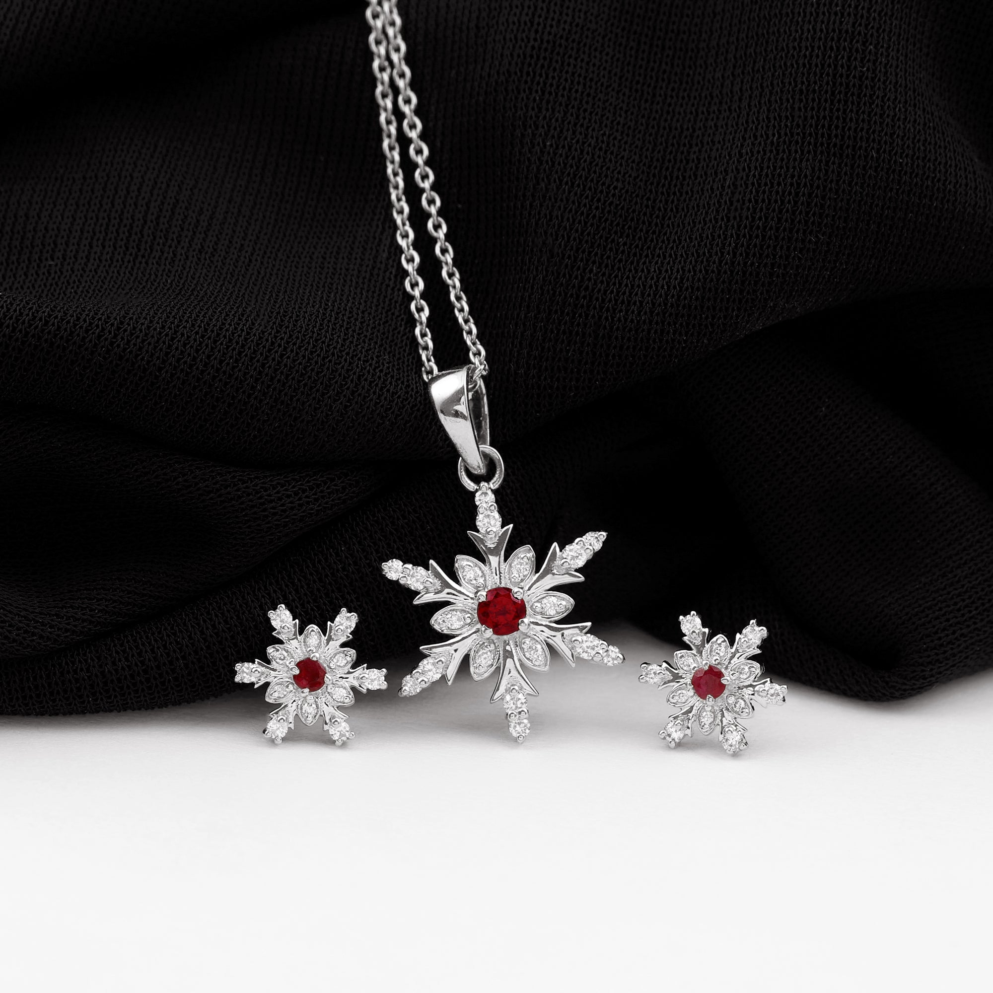 Lab Grown Ruby and Diamond Snowflake Necklace With Earrings