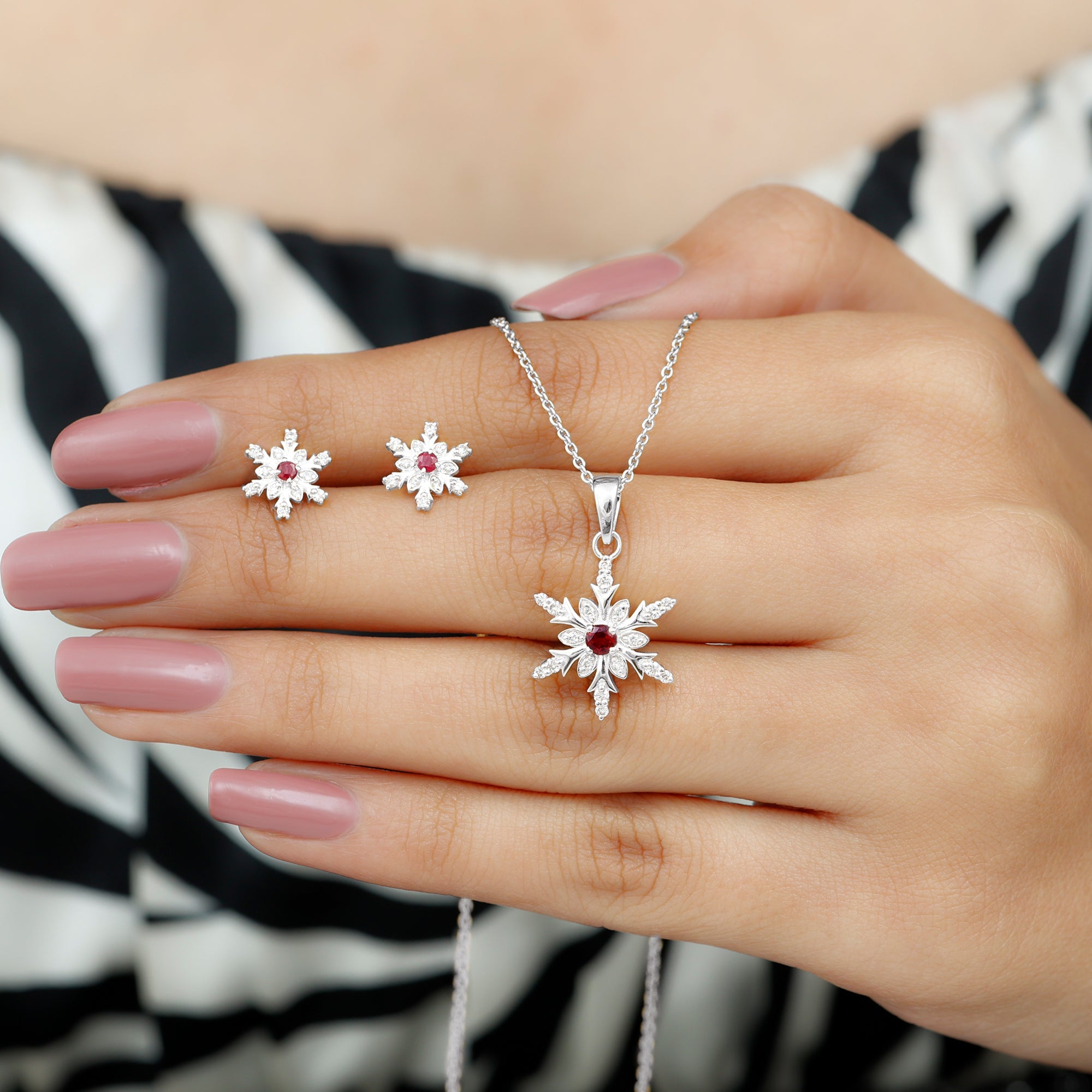 Lab Grown Ruby and Diamond Snowflake Necklace With Earrings