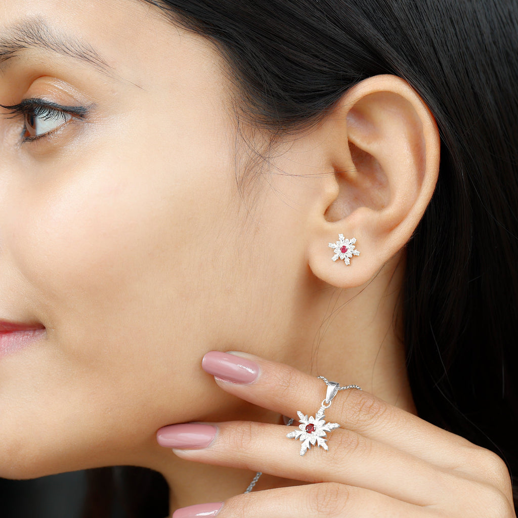 Lab Grown Ruby and Diamond Snowflake Necklace With Earrings
