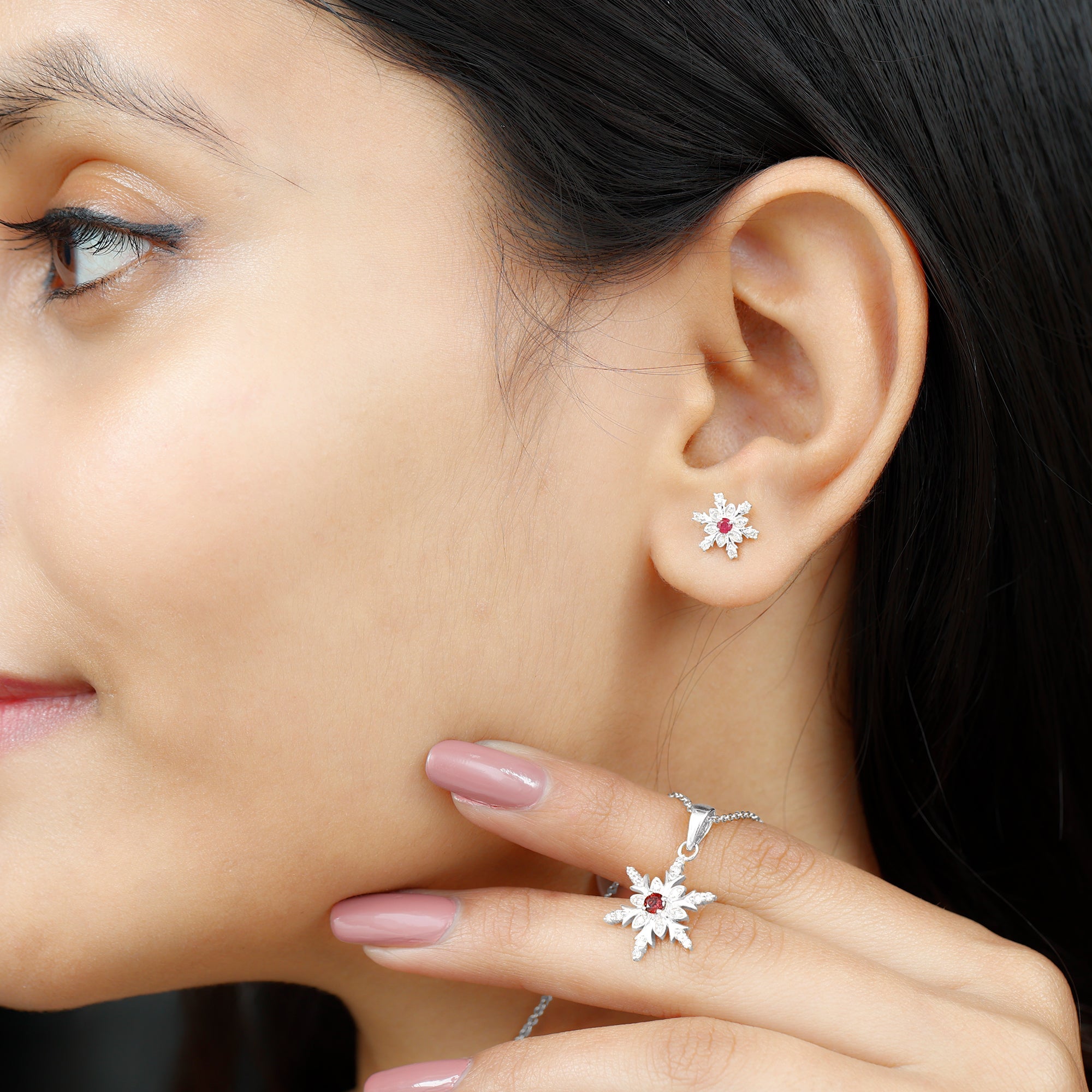 Lab Grown Ruby and Diamond Snowflake Necklace With Earrings