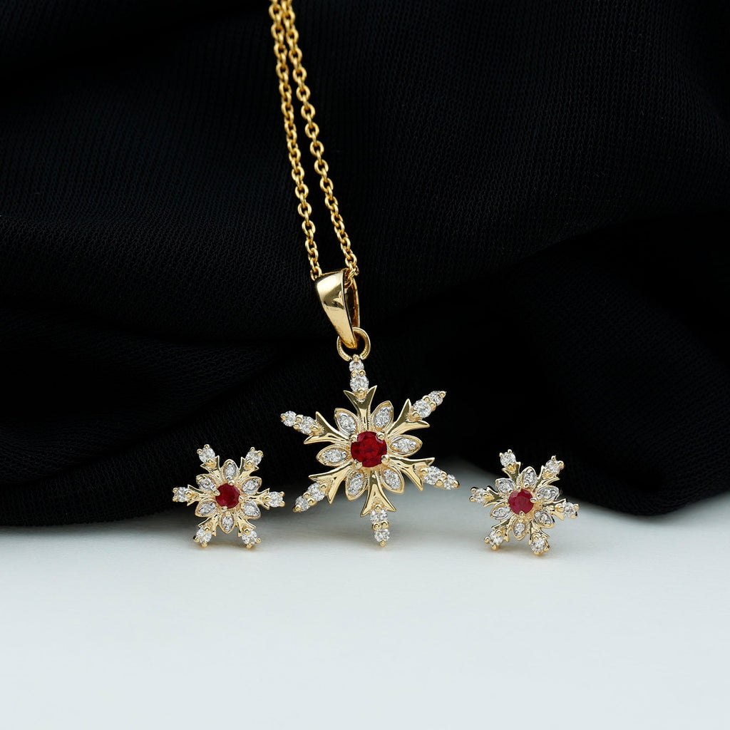 Lab Grown Ruby and Diamond Snowflake Necklace With Earrings