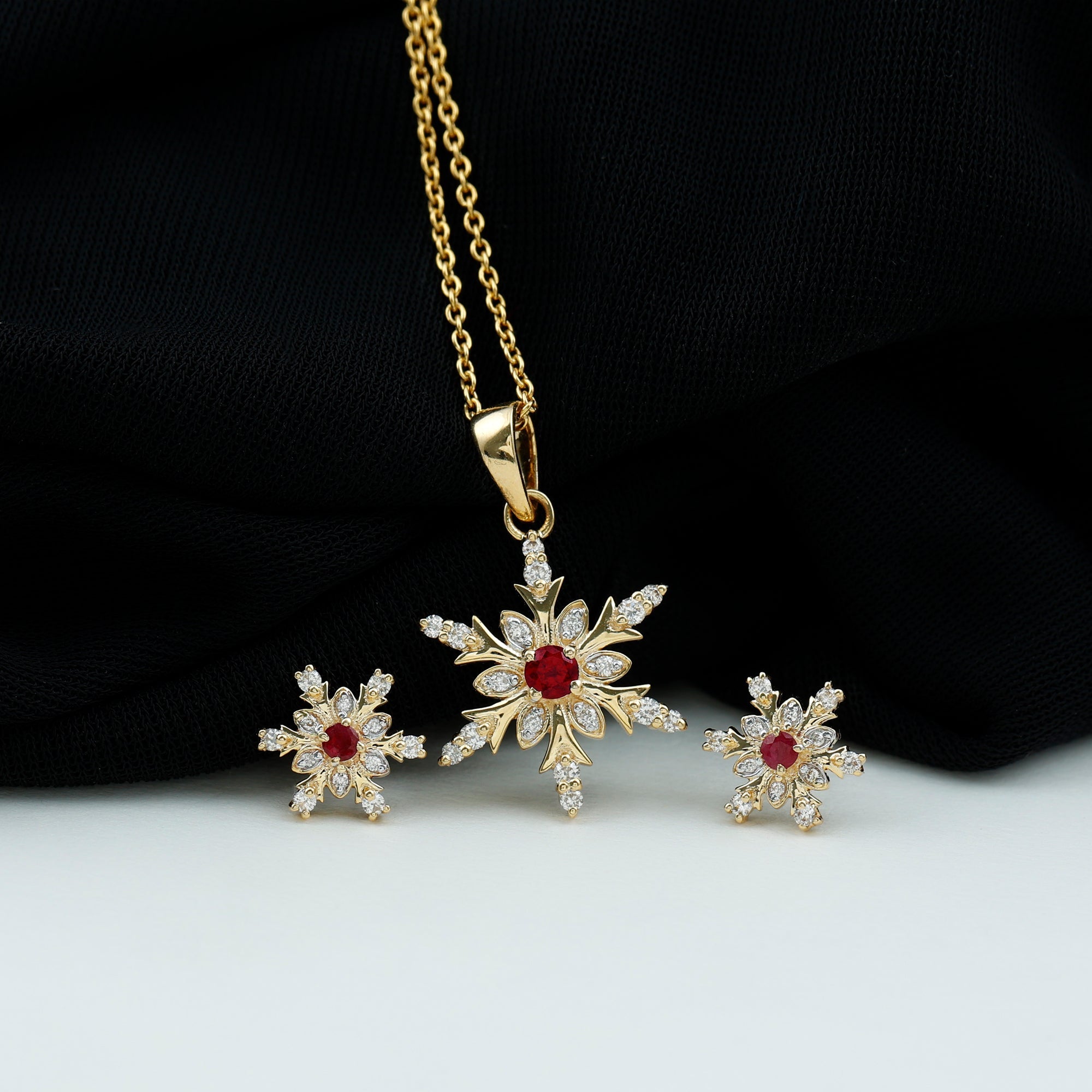 Lab Grown Ruby and Diamond Snowflake Necklace With Earrings