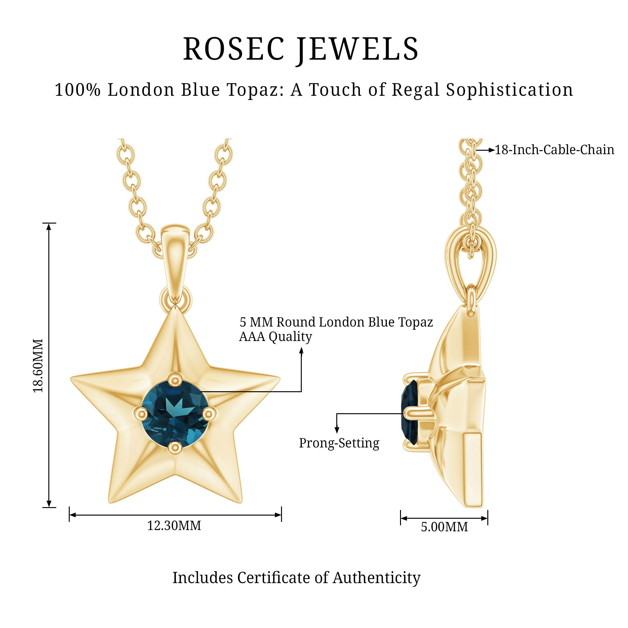 1/4 CT London Blue Topaz and Gold Star Pendant for Women