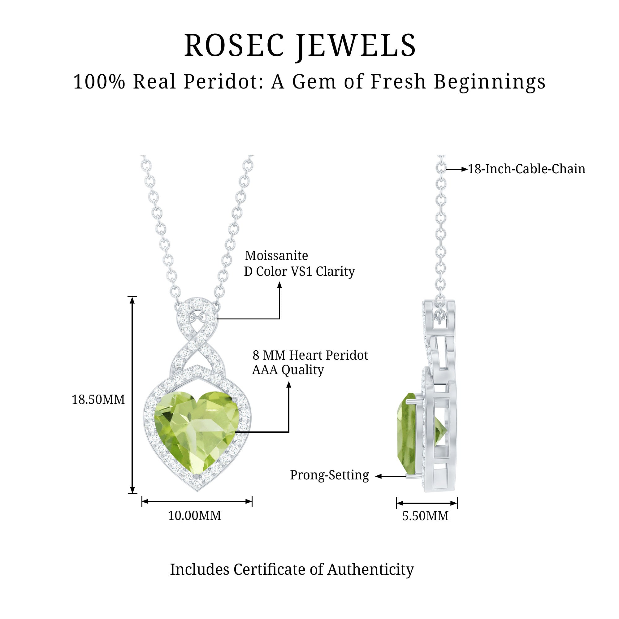 8 MM Heart Shape Peridot Infinity Pendant with Moissanite Accent