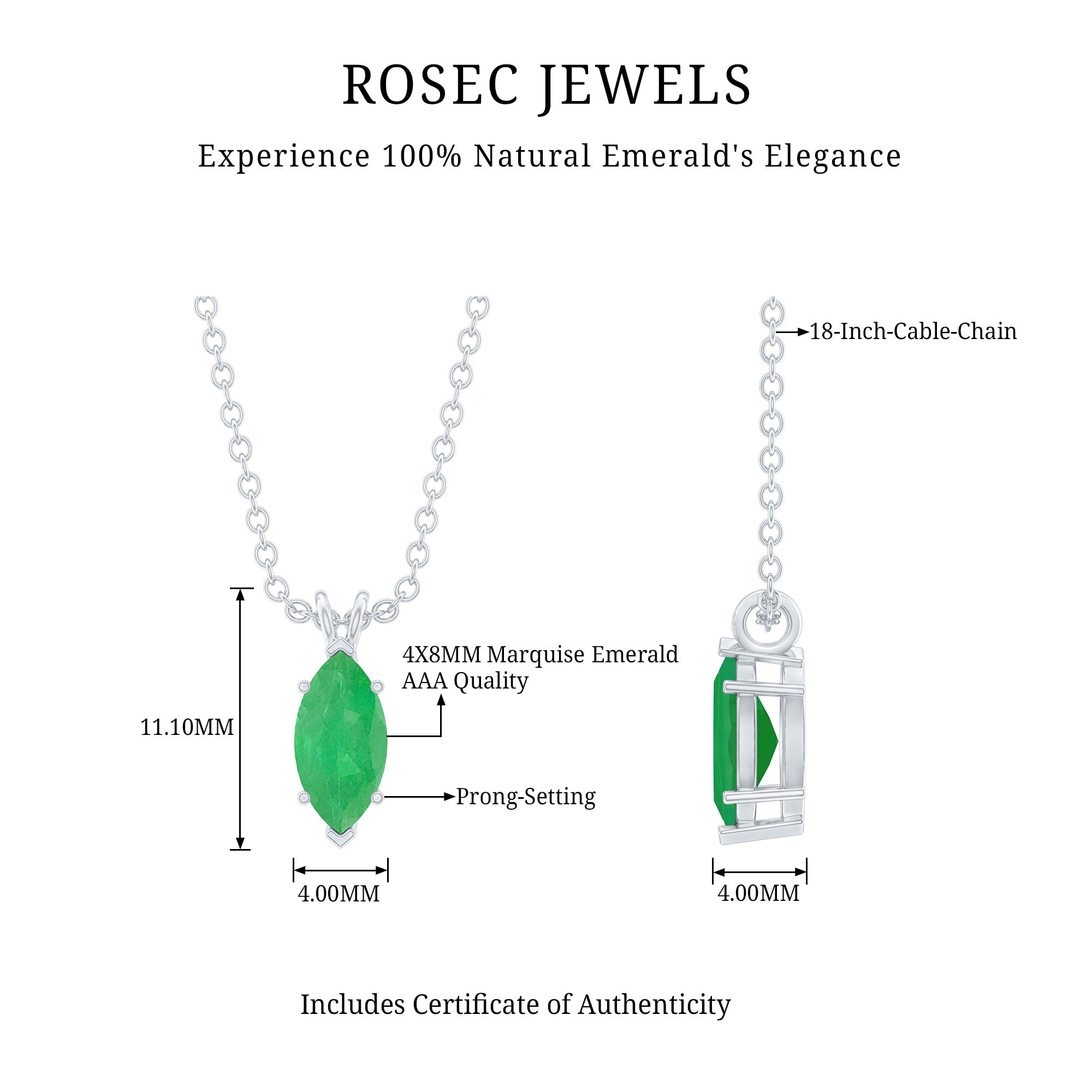 Marquise Cut Emerald Solitaire Pendant Necklace