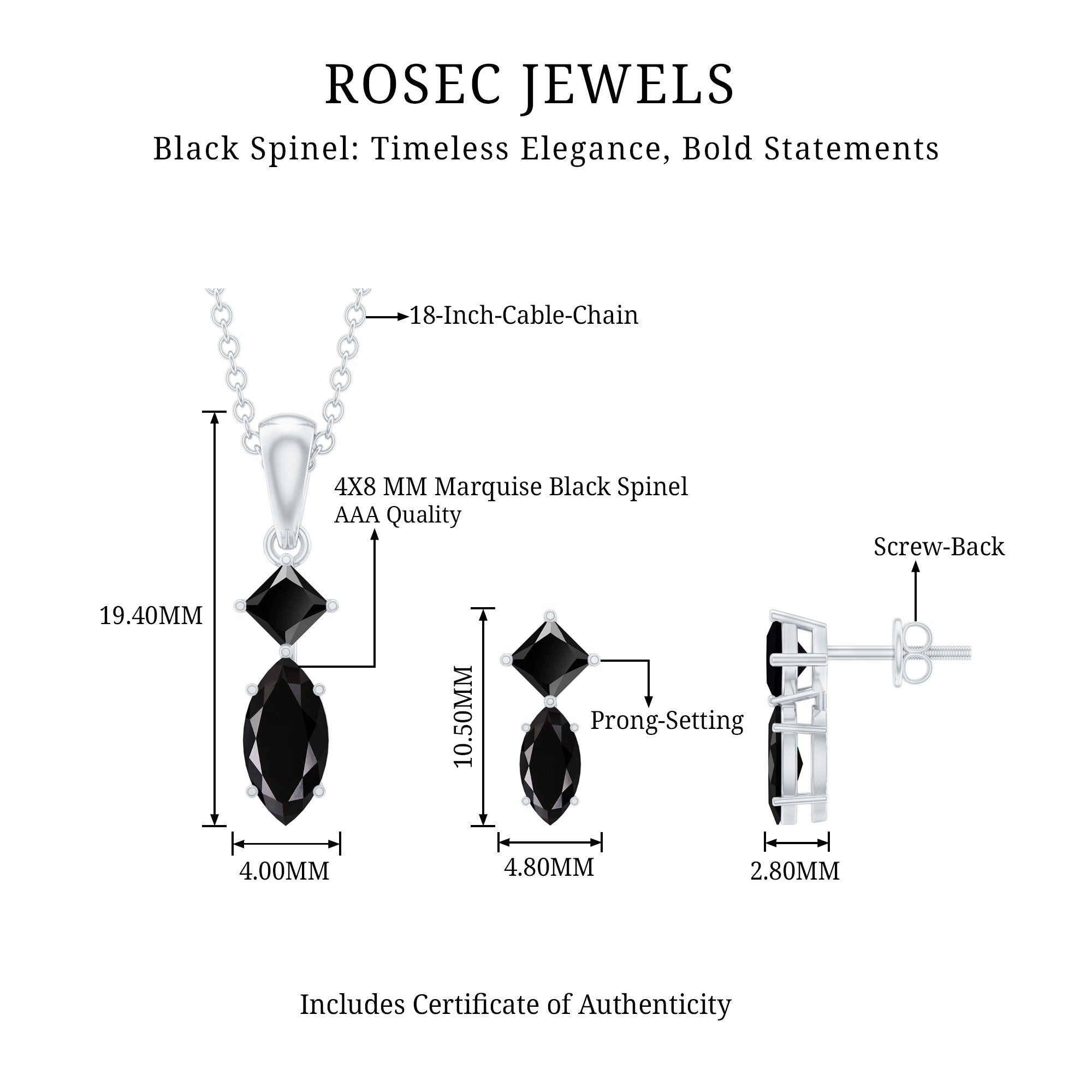 Princess and Marquise Shape Black Spinel Jewelry Set for Women