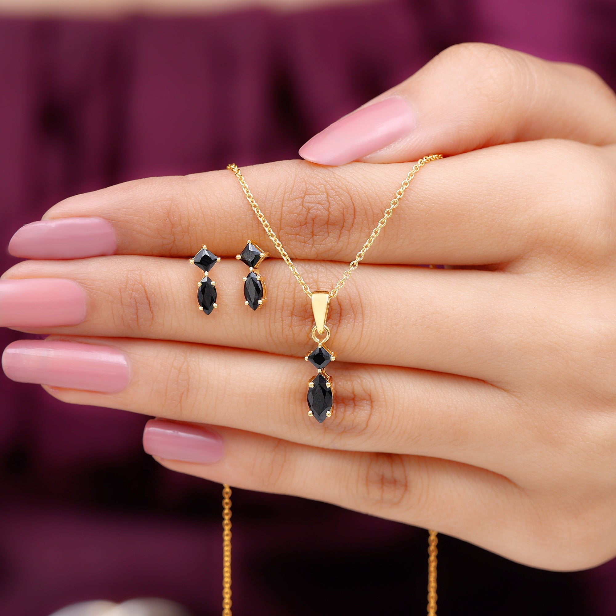 Princess and Marquise Shape Black Spinel Jewelry Set for Women