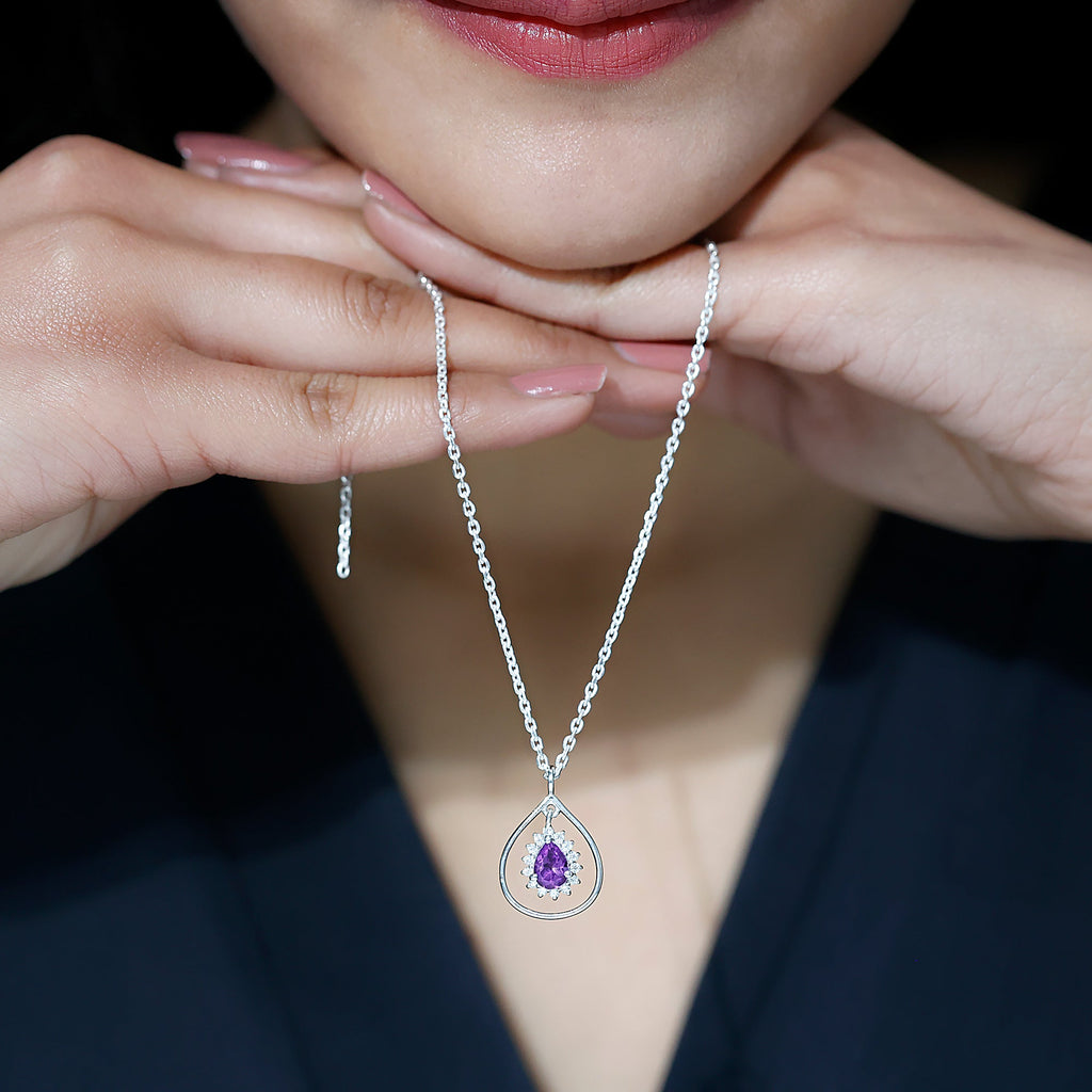 1 Carat Amethyst Teardrop Necklace with Moissanite Halo