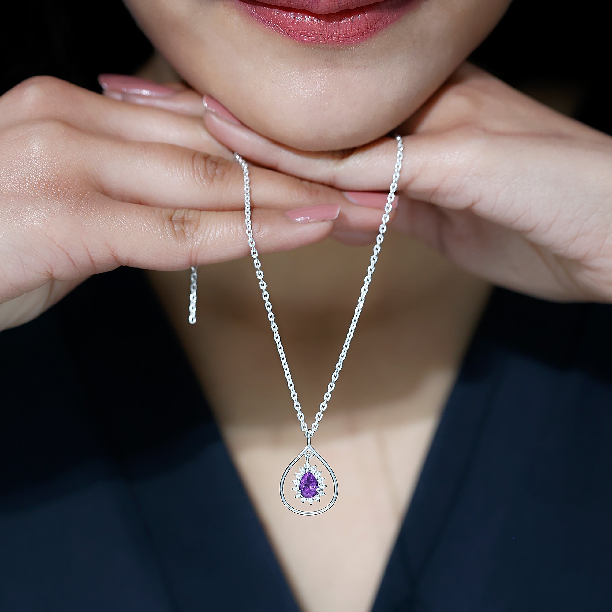 1 Carat Amethyst Teardrop Necklace with Moissanite Halo