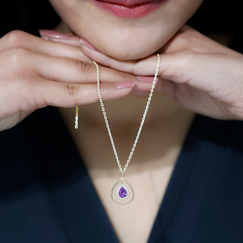 1 Carat Amethyst Teardrop Necklace with Moissanite Halo