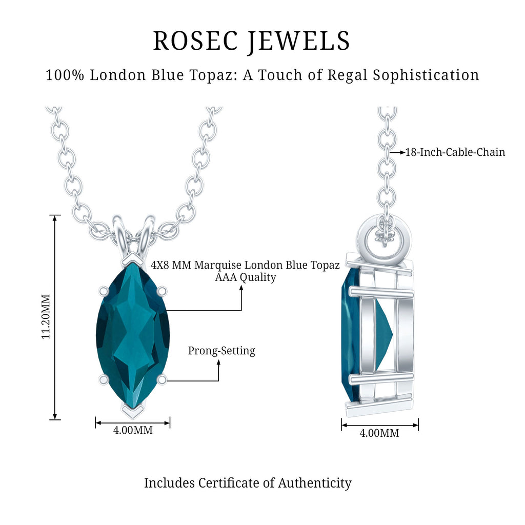 Real 0.7 Carat Marquise London Blue Topaz Necklace with Silver Chain