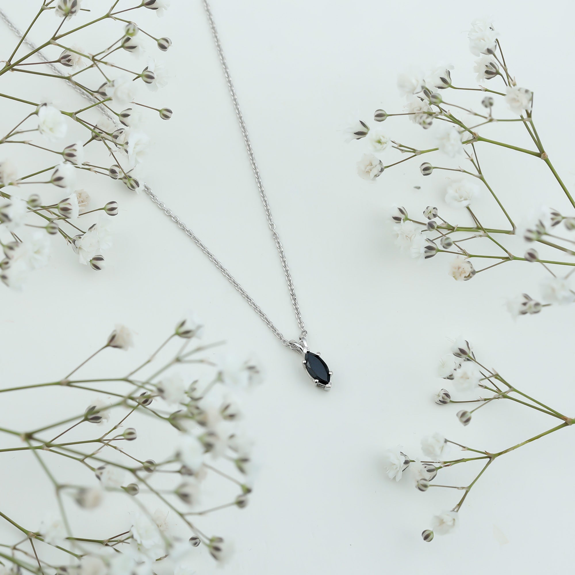 Real 0.7 Carat Black Spinel Marquise Necklace with Silver Chain