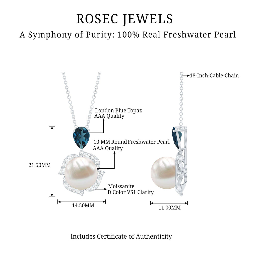 Designer Freshwater Pearl Bridal Necklace with London Blue Topaz