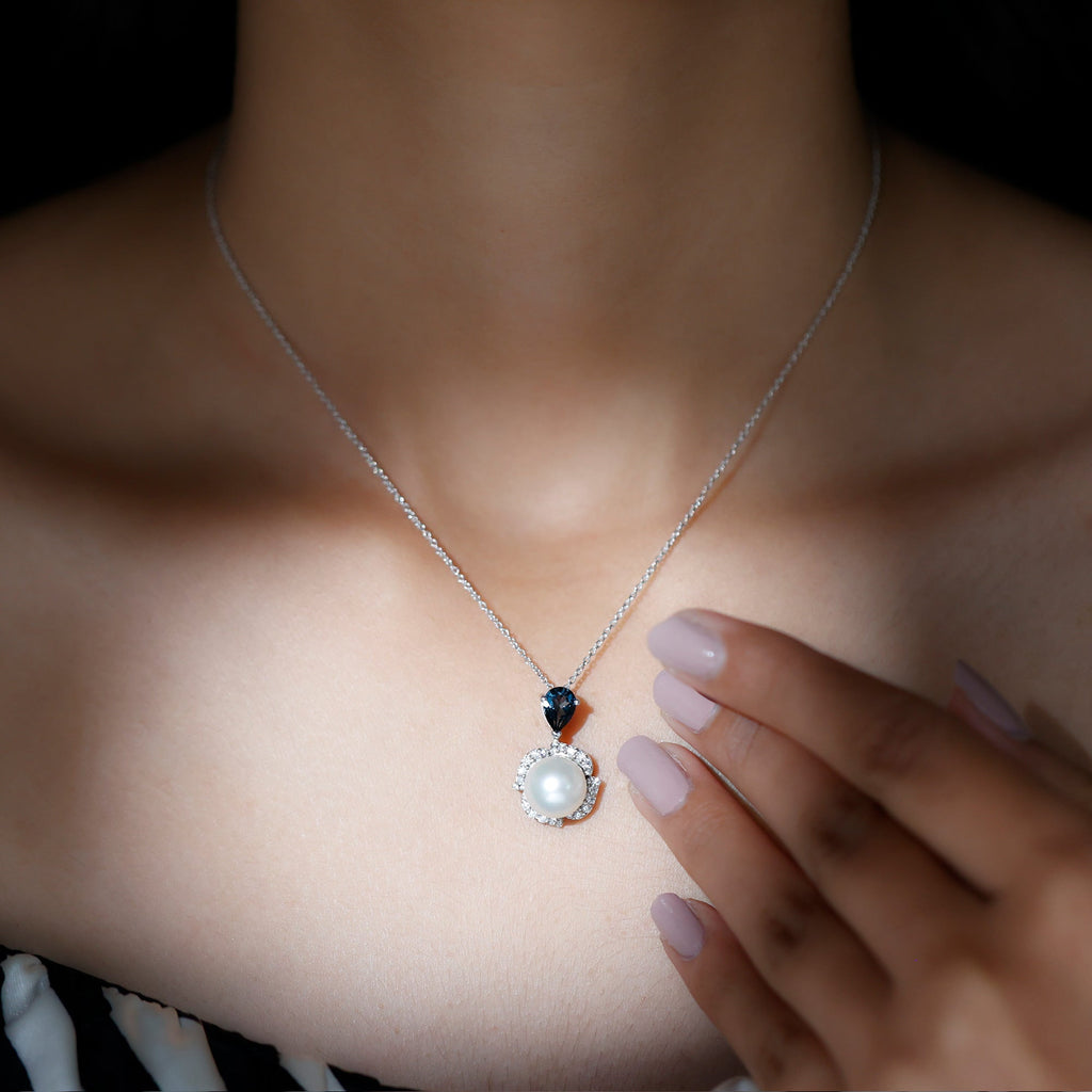 Designer Freshwater Pearl Bridal Necklace with London Blue Topaz