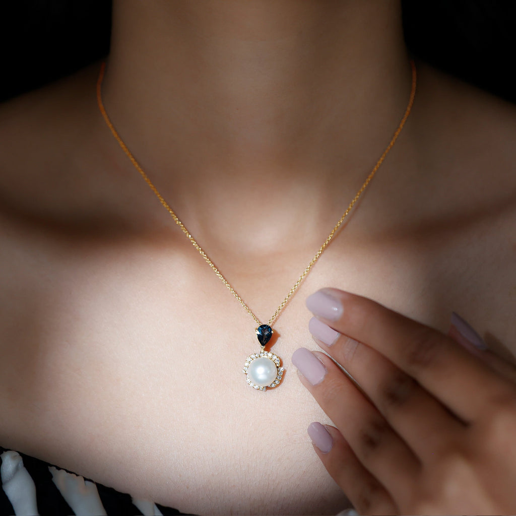 Designer Freshwater Pearl Bridal Necklace with London Blue Topaz