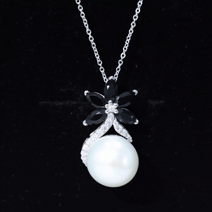 Natural Freshwater Pearl Flower Pendant with Black Onyx and Moissanite