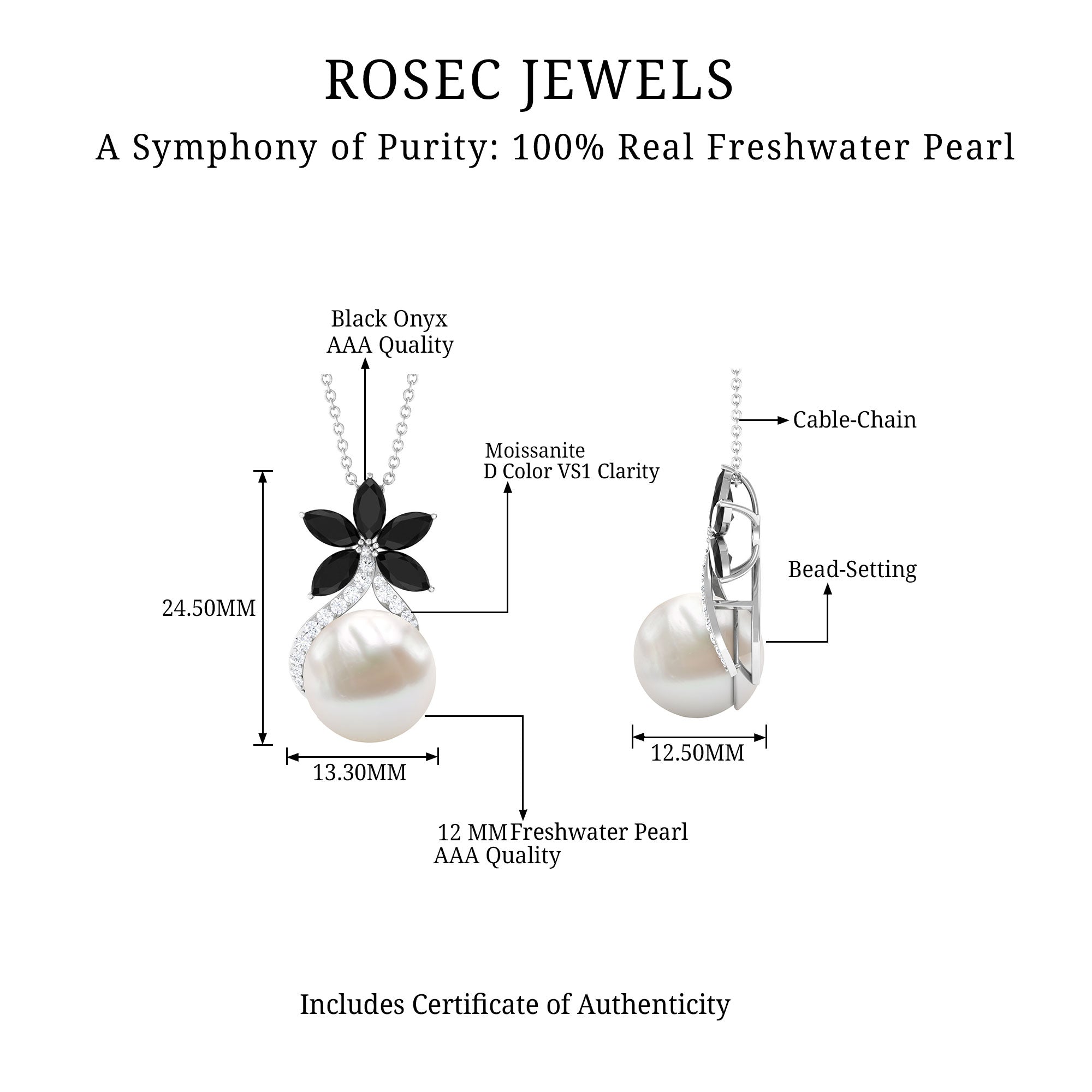 Natural Freshwater Pearl Flower Pendant with Black Onyx and Moissanite