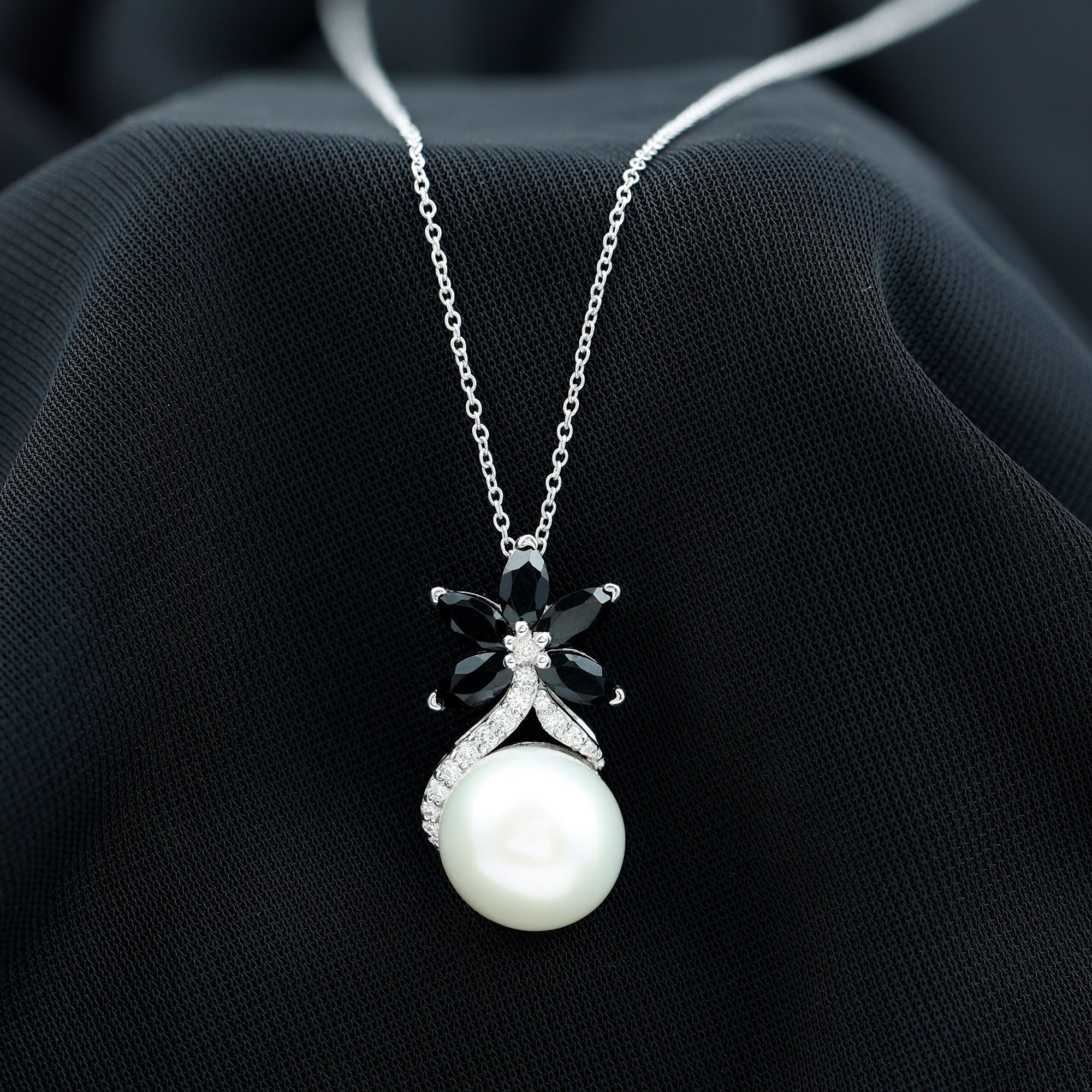 Natural Freshwater Pearl Flower Pendant with Black Onyx and Moissanite