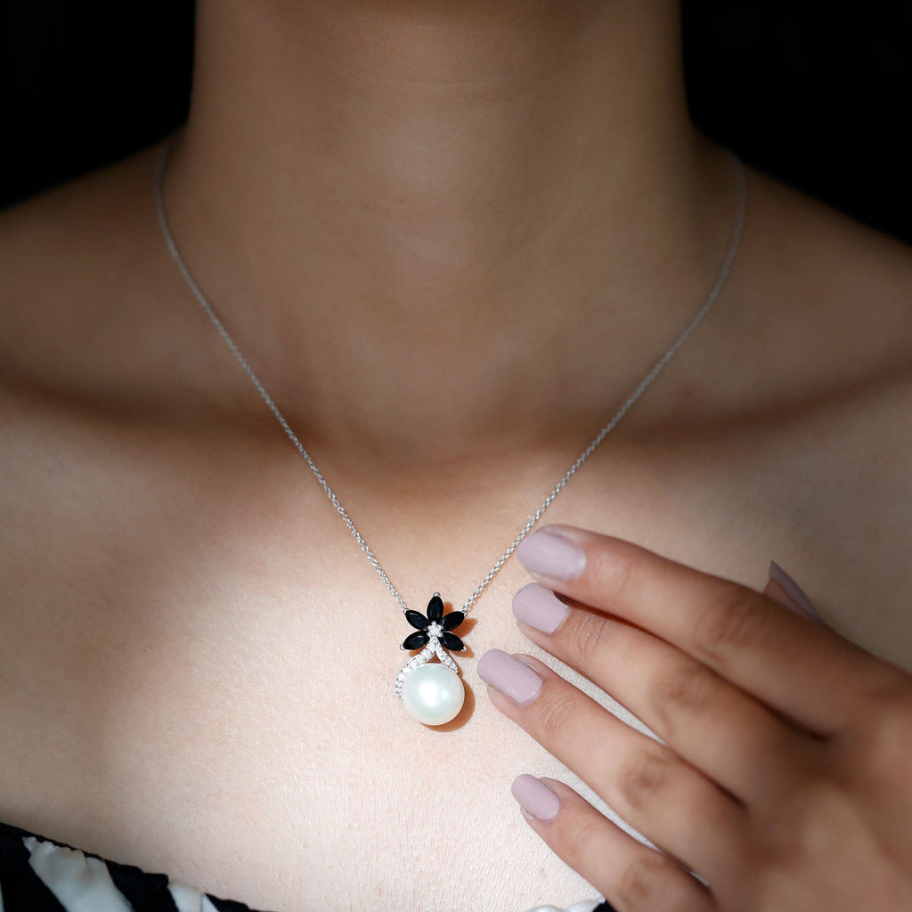 Natural Freshwater Pearl Flower Pendant with Black Onyx and Moissanite