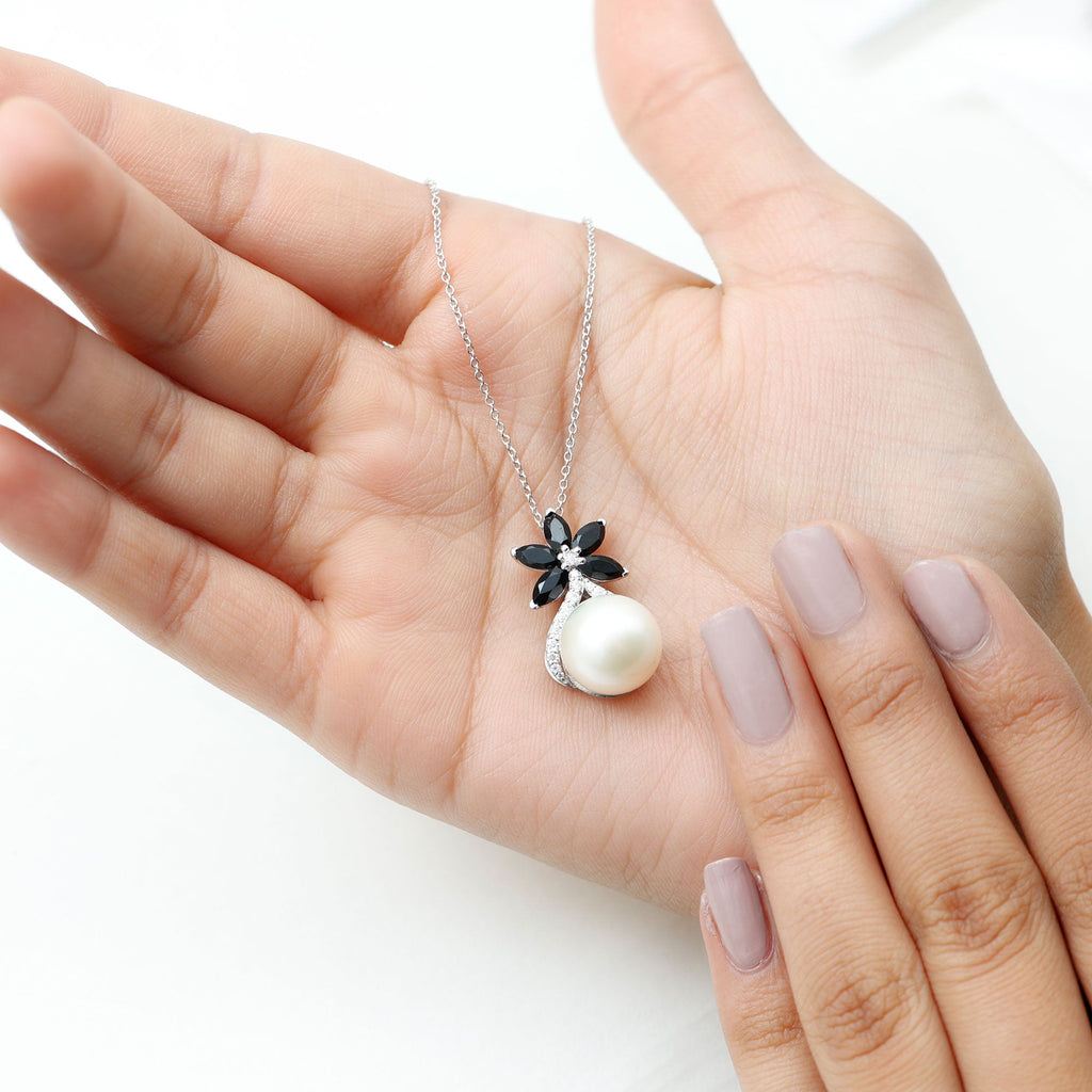 Natural Freshwater Pearl Flower Pendant with Black Onyx and Moissanite