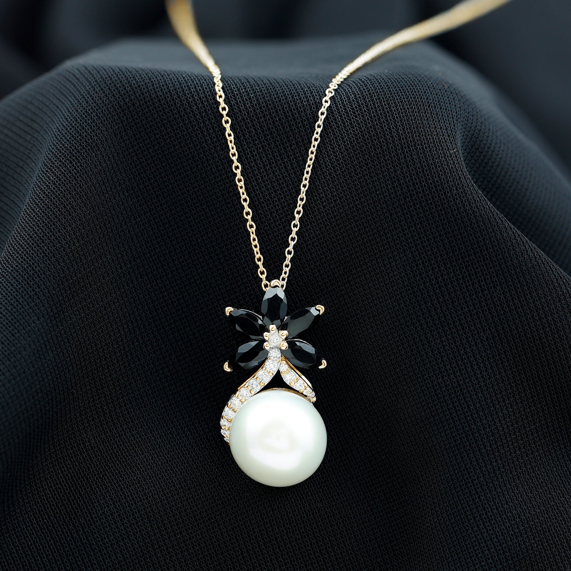 Natural Freshwater Pearl Flower Pendant with Black Onyx and Moissanite