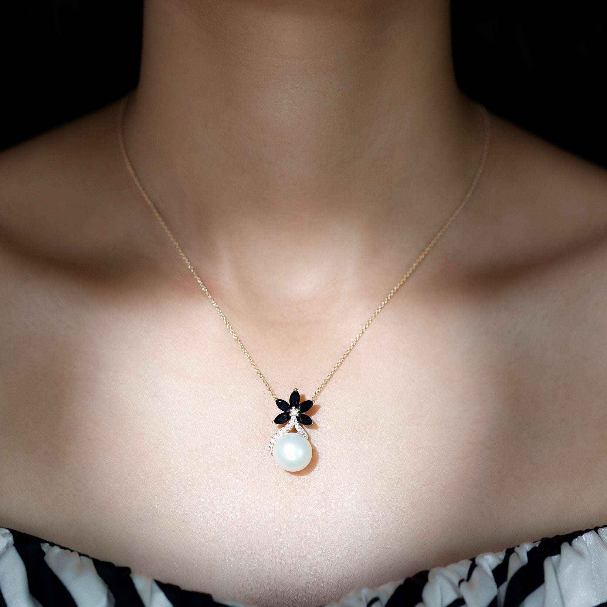 Natural Freshwater Pearl Flower Pendant with Black Onyx and Moissanite