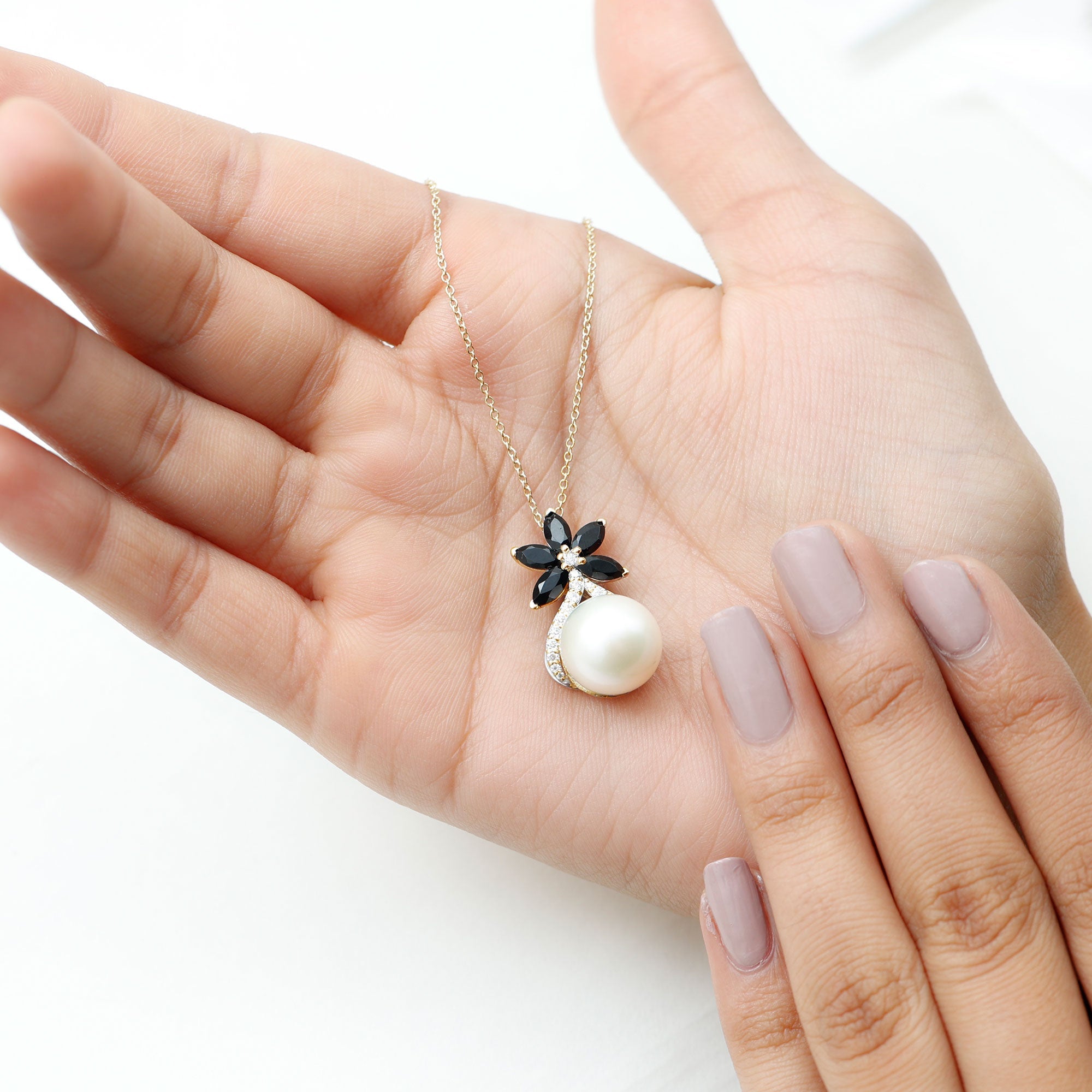 Natural Freshwater Pearl Flower Pendant with Black Onyx and Moissanite