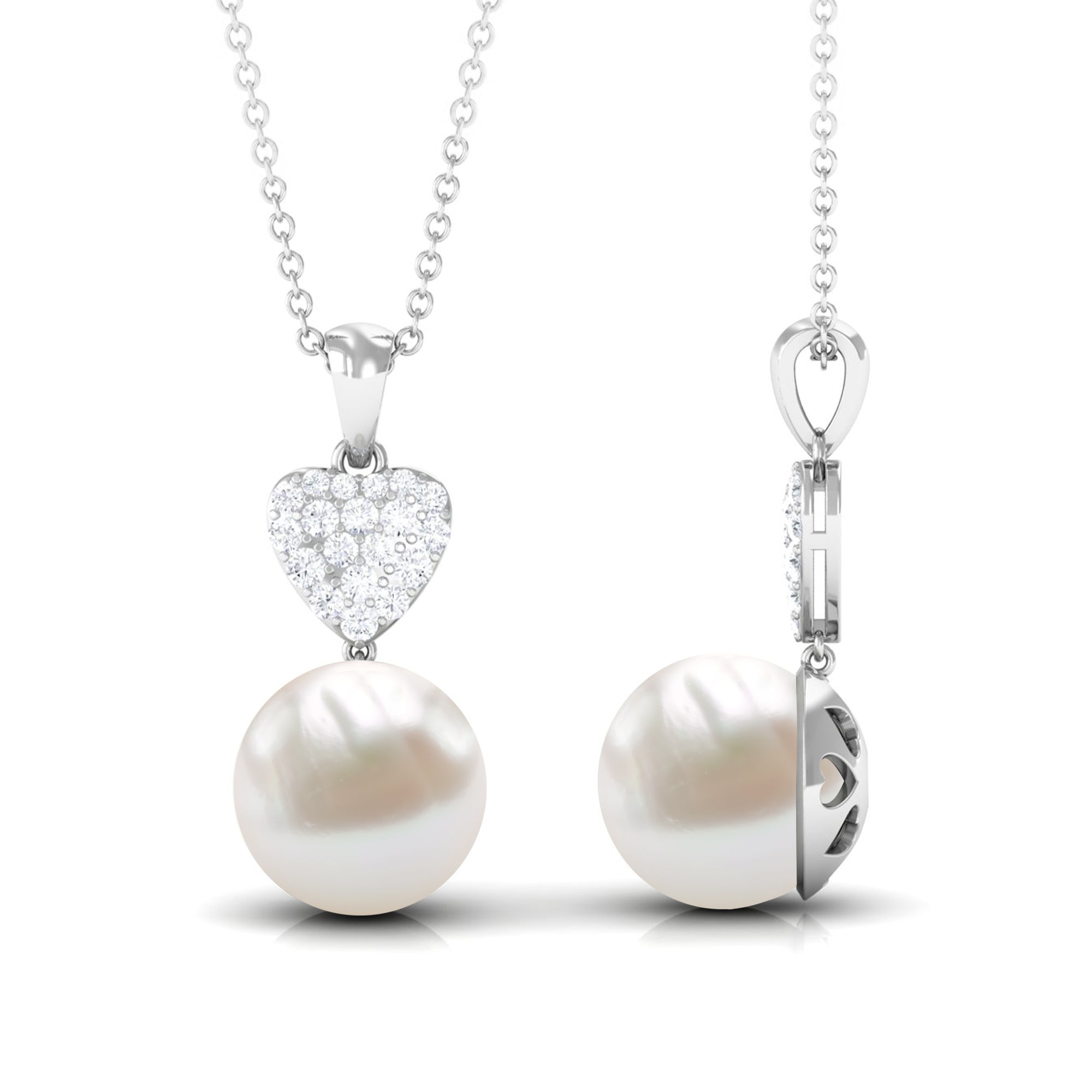 8.5 CT Bead Set Freshwater Pearl and Diamond Heart Dangle Pendant Necklace