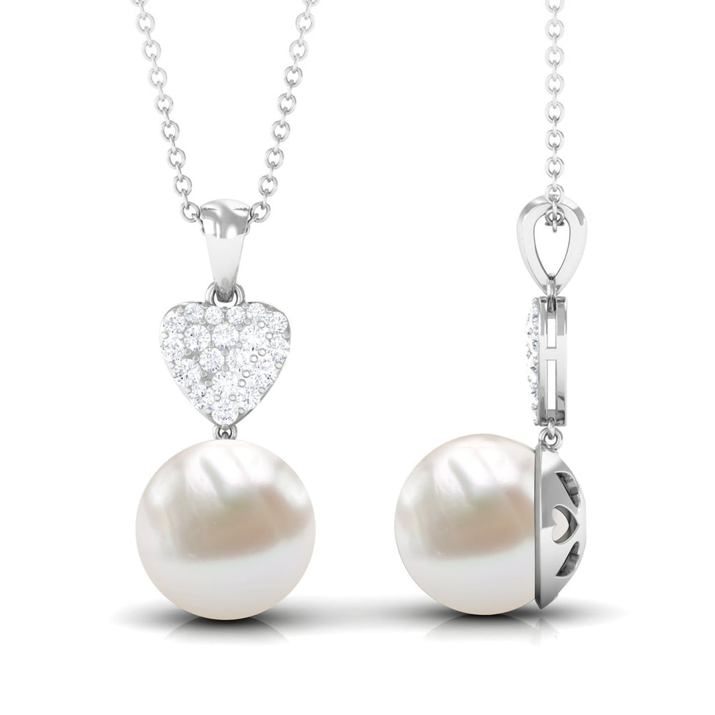 8.5 CT Bead Set Freshwater Pearl and Diamond Heart Dangle Pendant Necklace