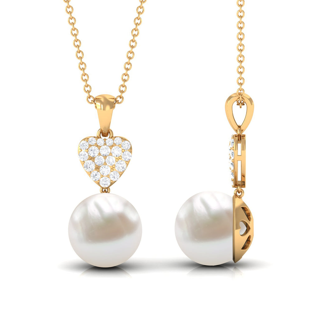 8.5 CT Bead Set Freshwater Pearl and Diamond Heart Dangle Pendant Necklace