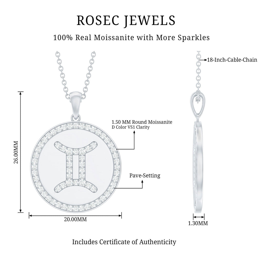 Gemini Zodiac Sign Disc Pendant with Pave Set Moissanite