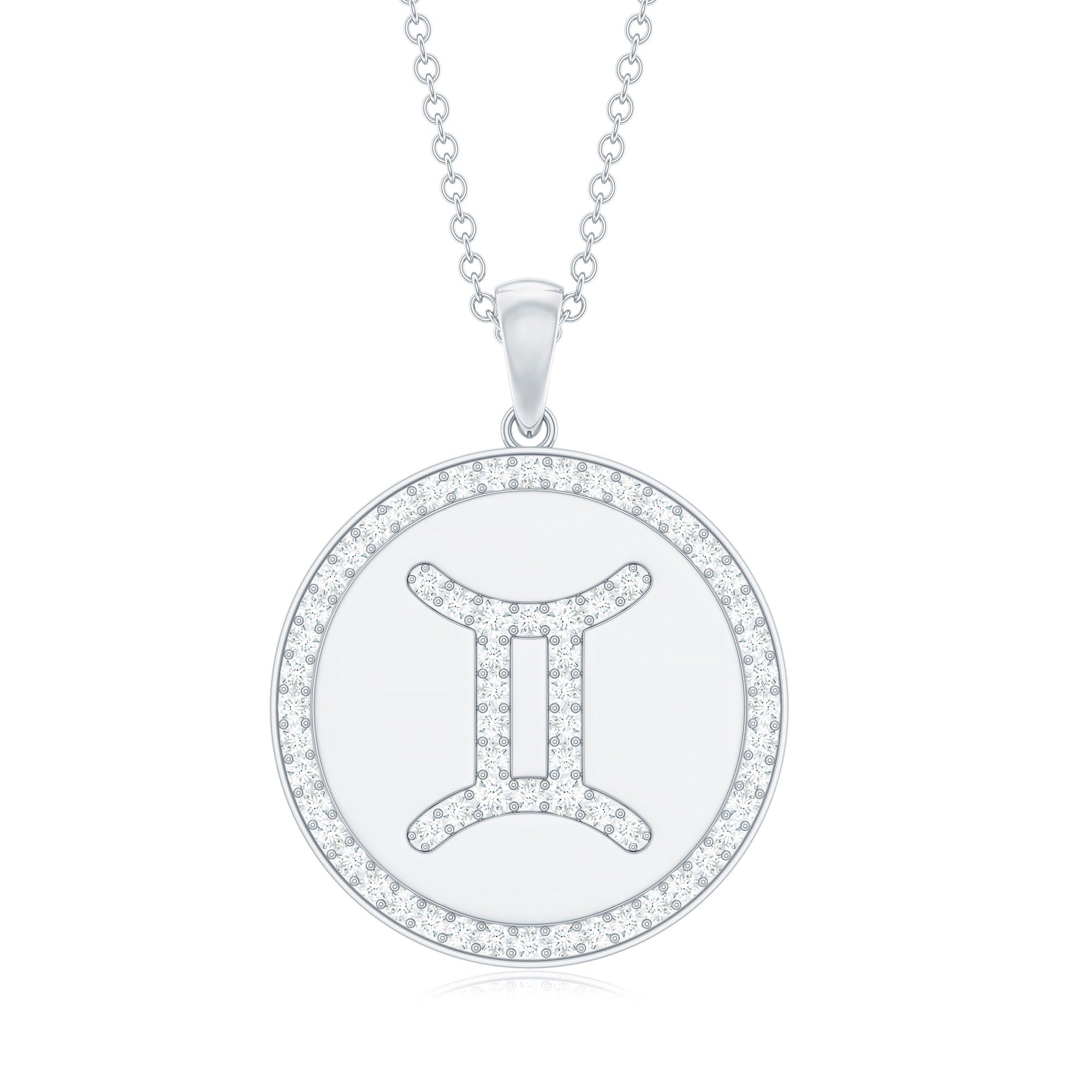 Gemini Zodiac Sign Disc Pendant with Pave Set Moissanite
