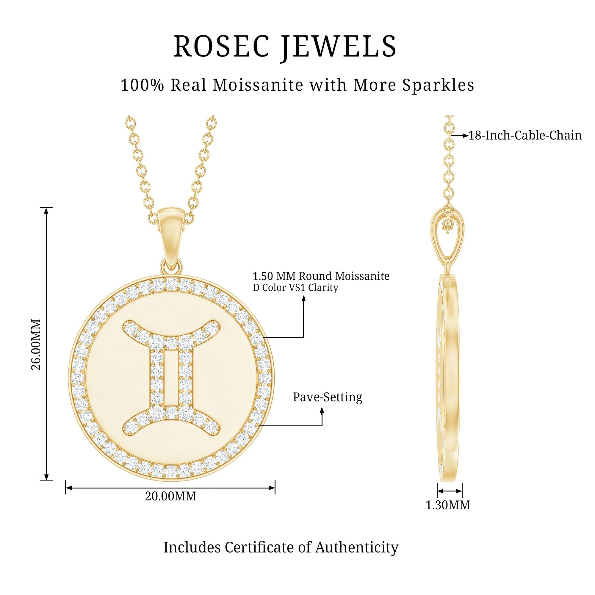 Gemini Zodiac Sign Disc Pendant with Pave Set Moissanite