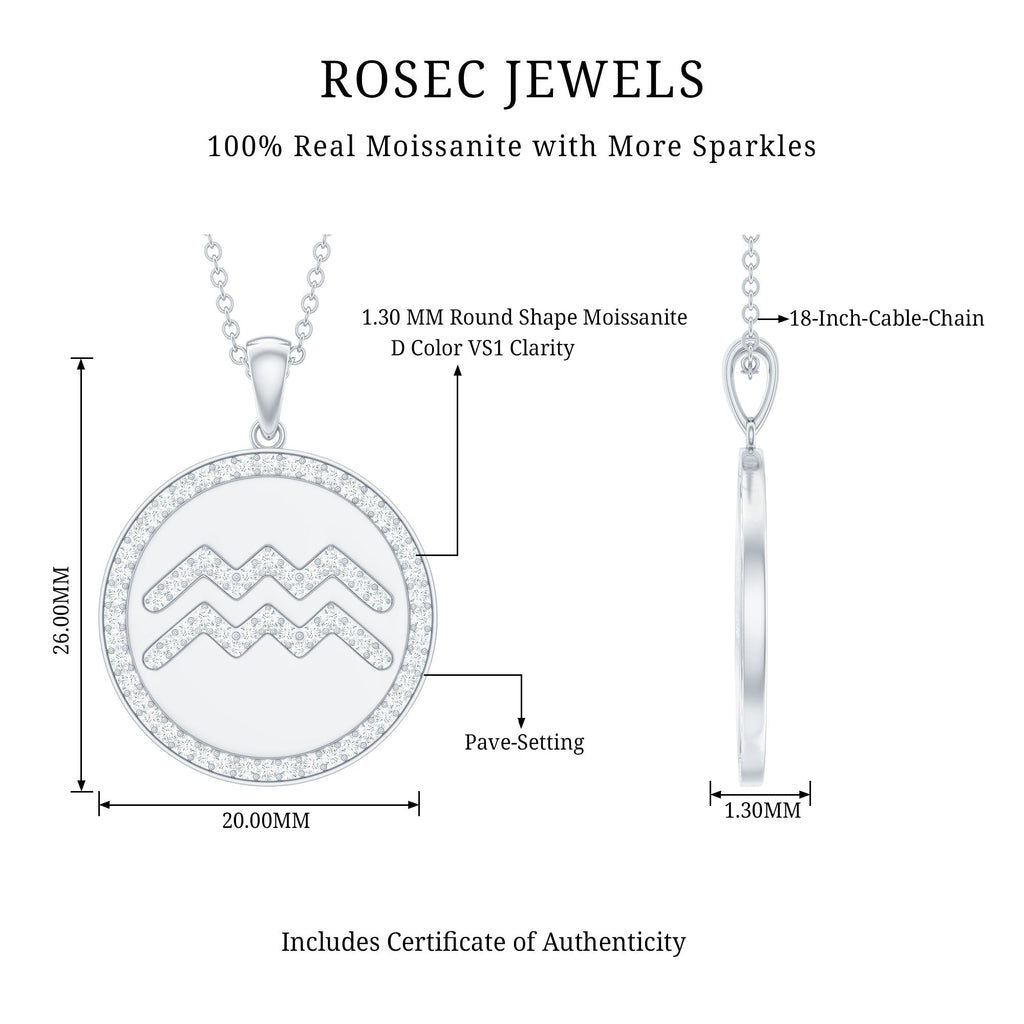 Moissanite Disc Aquarius Zodiac Sign Pendant Necklace