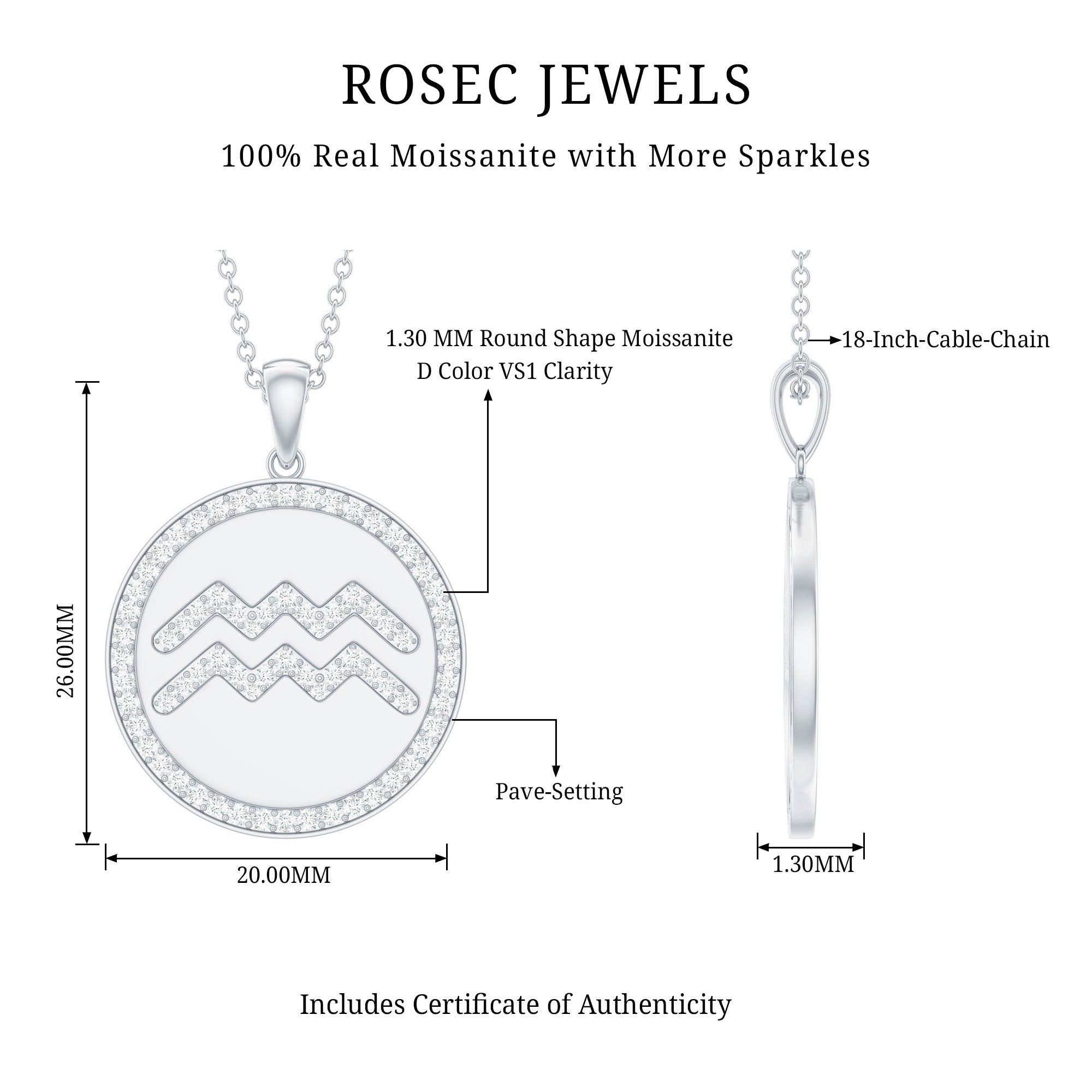 Moissanite Disc Aquarius Zodiac Sign Pendant Necklace