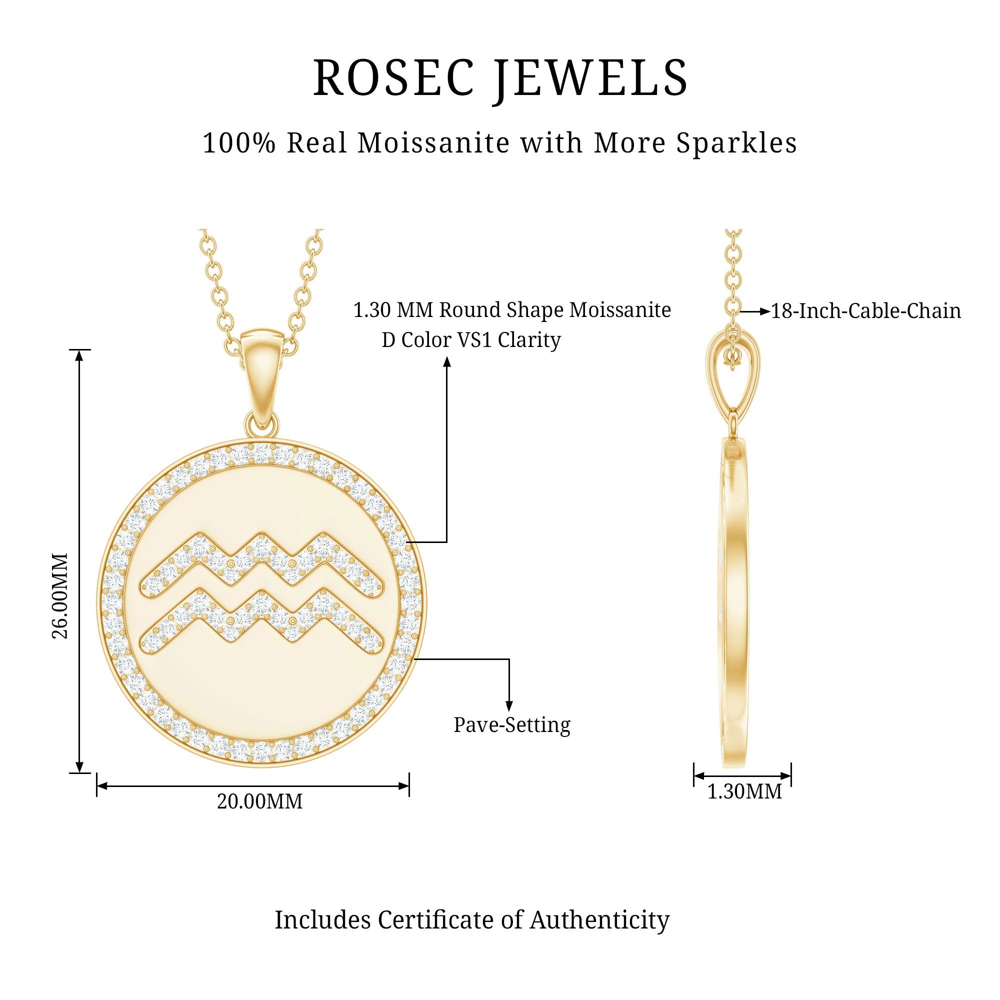 Moissanite Disc Aquarius Zodiac Sign Pendant Necklace