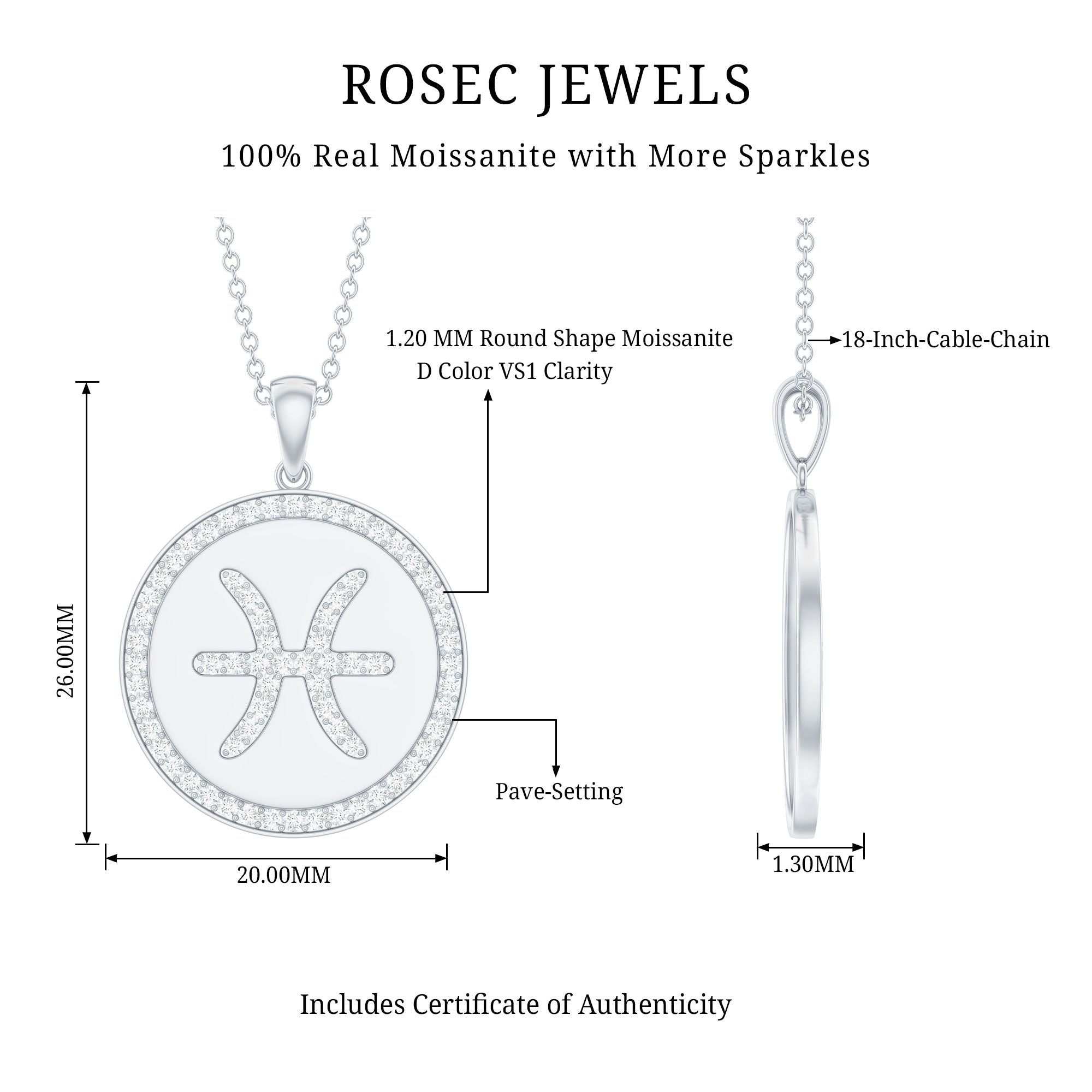 Simple Moissanite and Disc Pisces Zodiac Pendant
