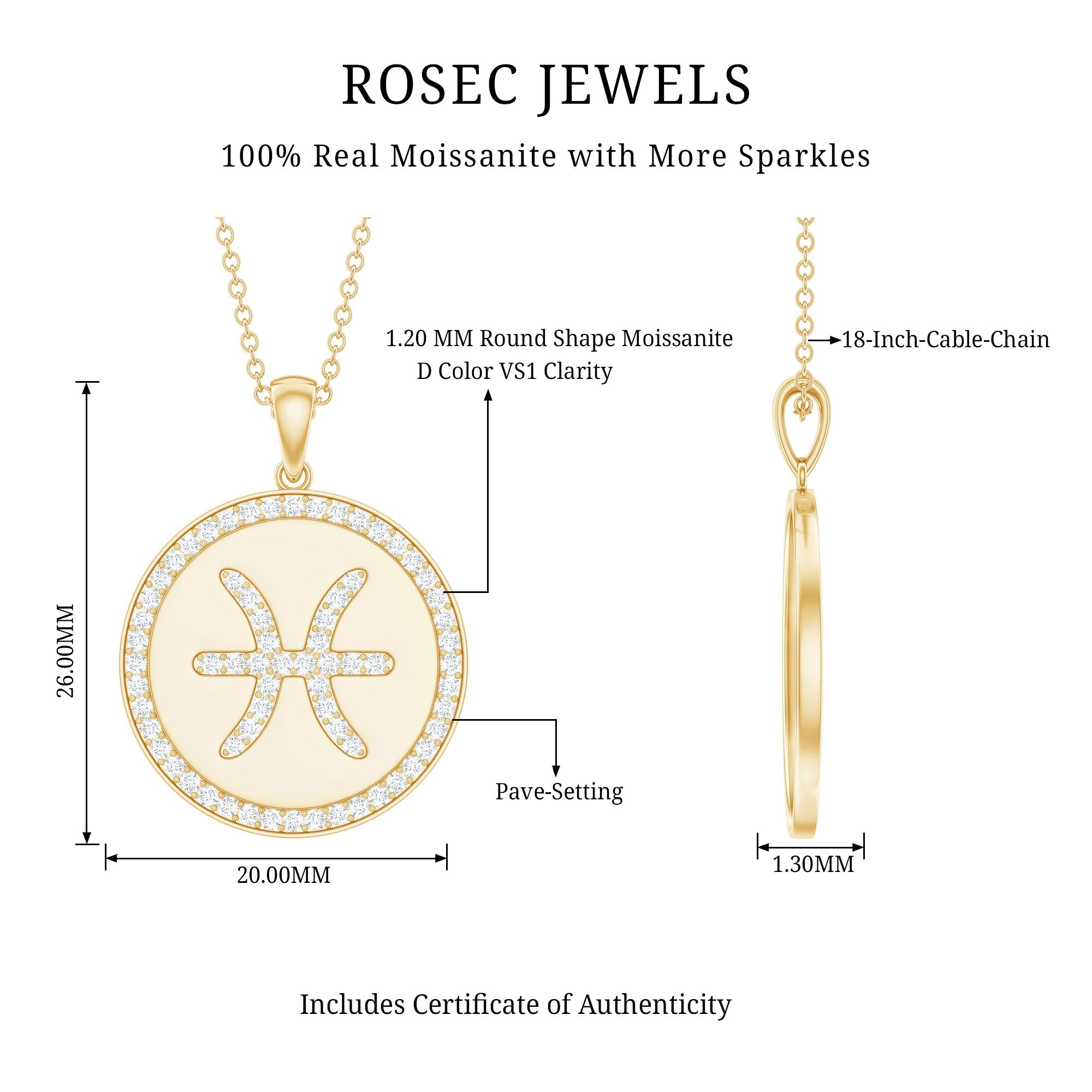 Simple Moissanite and Disc Pisces Zodiac Pendant