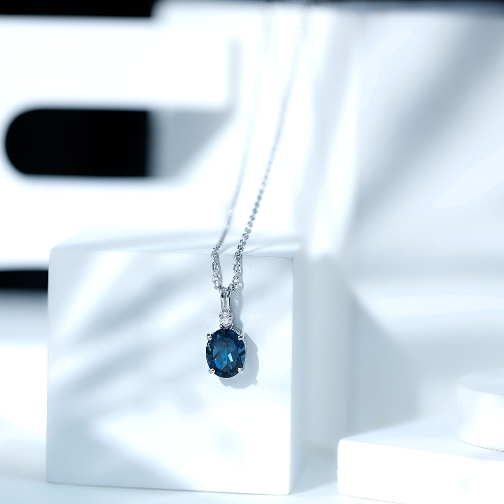 Genuine London Blue Topaz Solitaire Necklace with Chain